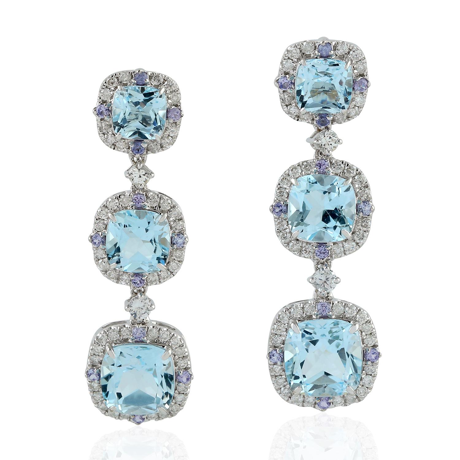 Modern Blue Topaz Tanzanite Diamond 18 Karat Gold Triple Drop Earrings For Sale