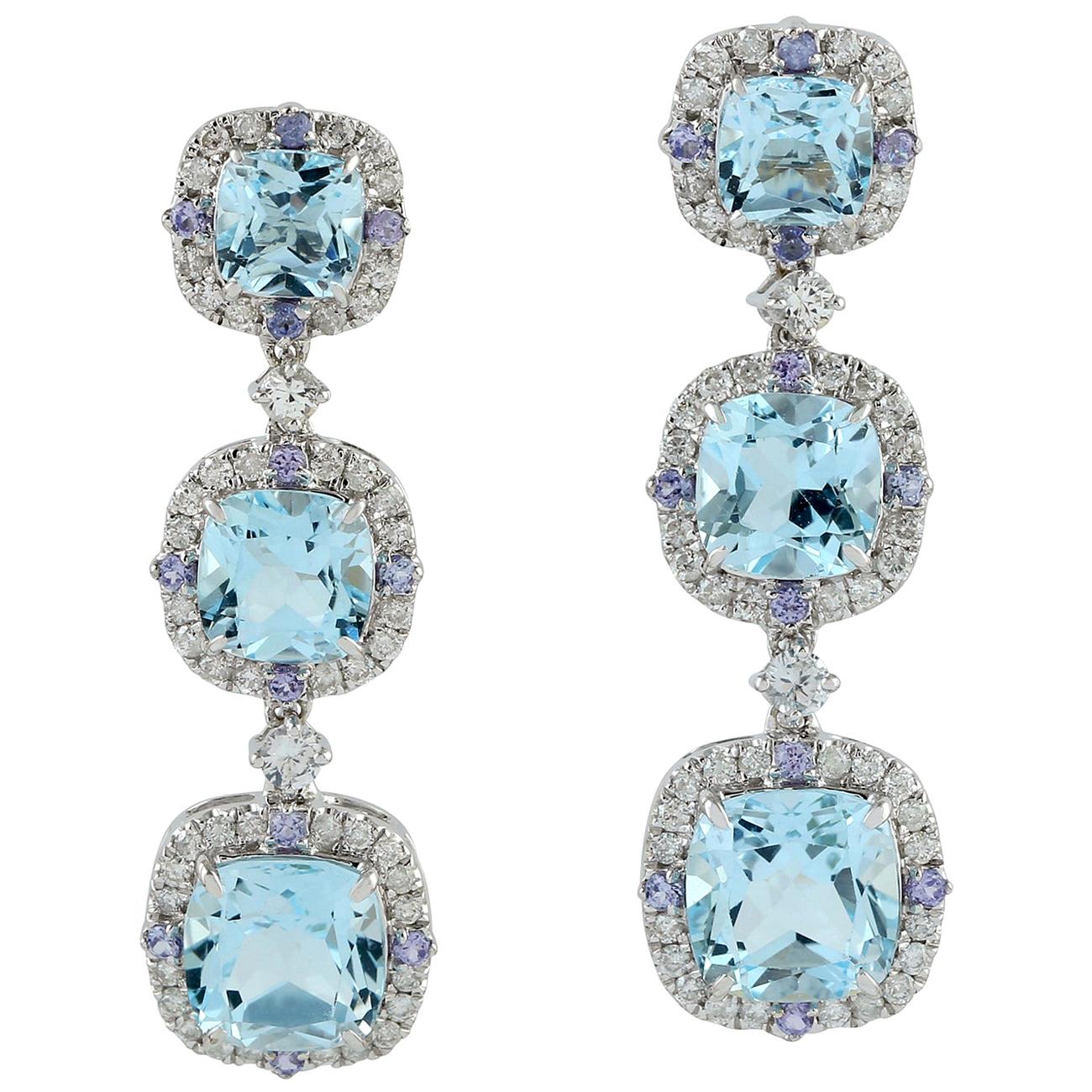 Boucles d'oreilles en goutte triples en or 18 carats avec topaze bleue, tanzanite et diamant