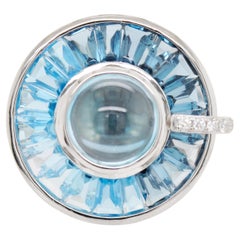 Blue Topaz Taper Baguette Cabochon Roulette Rotating Diamond Cocktail Ring