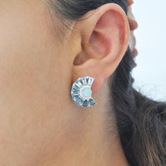 Blue Topaz Taper Baguette Calibre Cut Opal Diamond White Gold Stud Earrings