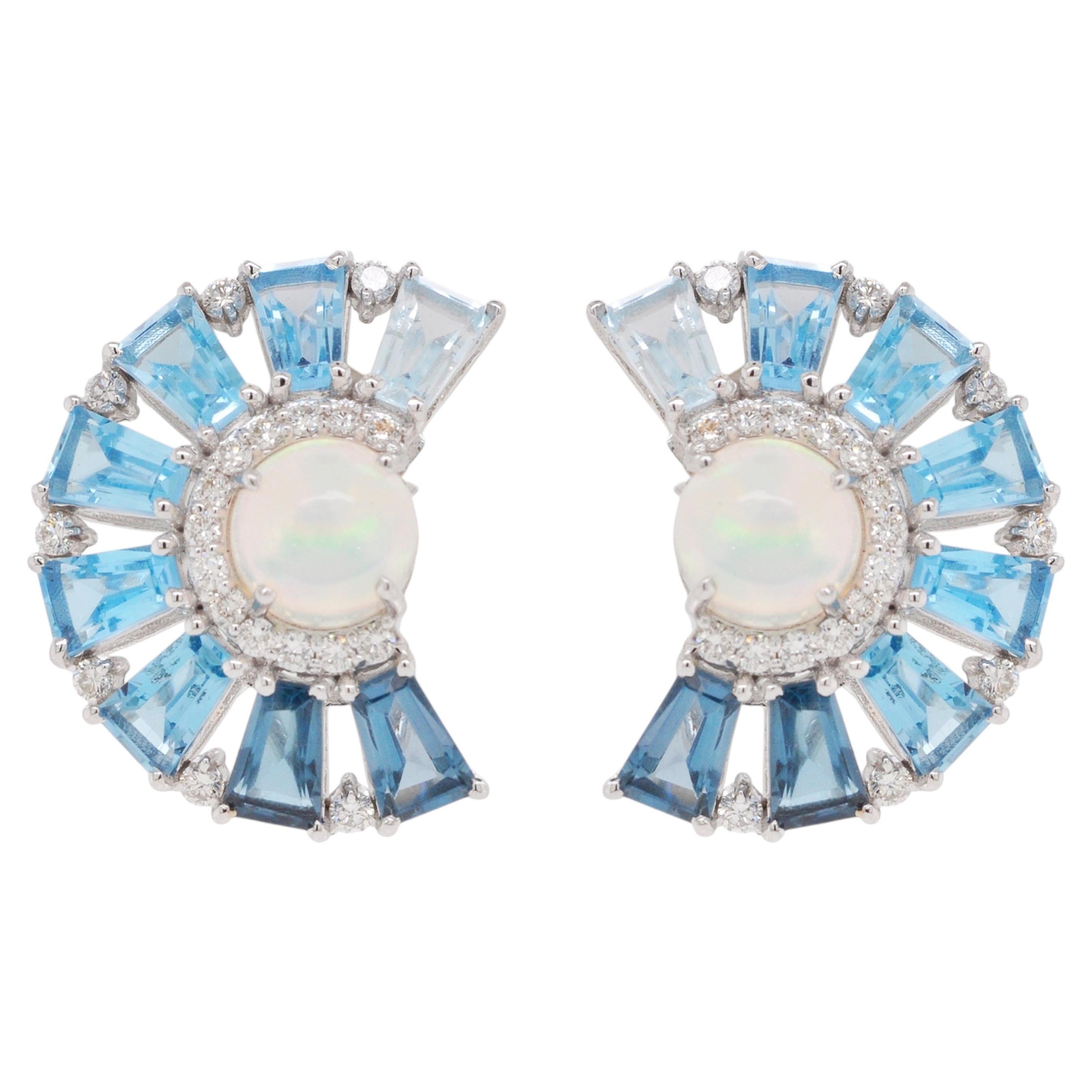 Blue Topaz Taper Baguette Calibre Cut Opal Diamond White Gold Stud Earrings