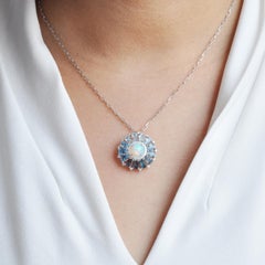 Blue Topaz Taper Baguette Opal Diamond Orbit White Gold Pendant Necklace