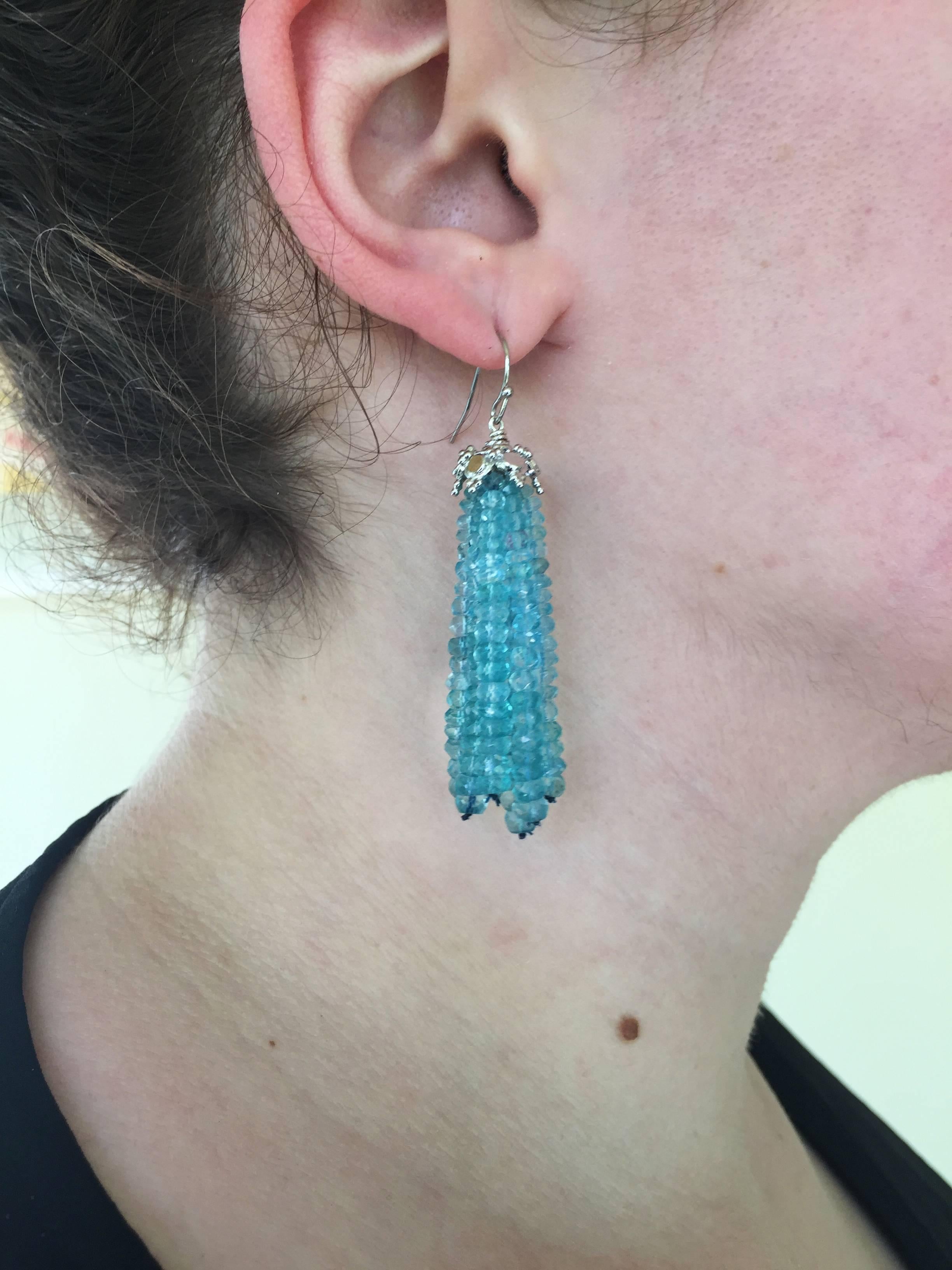 Marina J Blue Topaz Dangle Tassel Earrings with  Silver Cup and 14 K Gold Hook 1