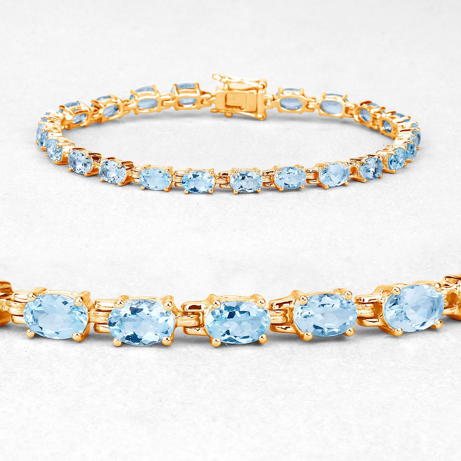 Contemporary Blue Topaz Tennis Bracelet 11.2 Carats 14K Yellow Gold Plated Silver For Sale