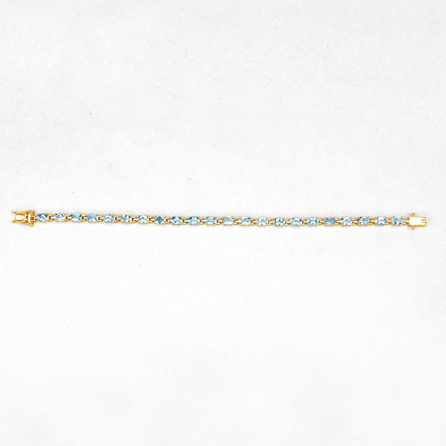 Women's or Men's Blue Topaz Tennis Bracelet 11.2 Carats 14K Yellow Gold Plated Silver For Sale