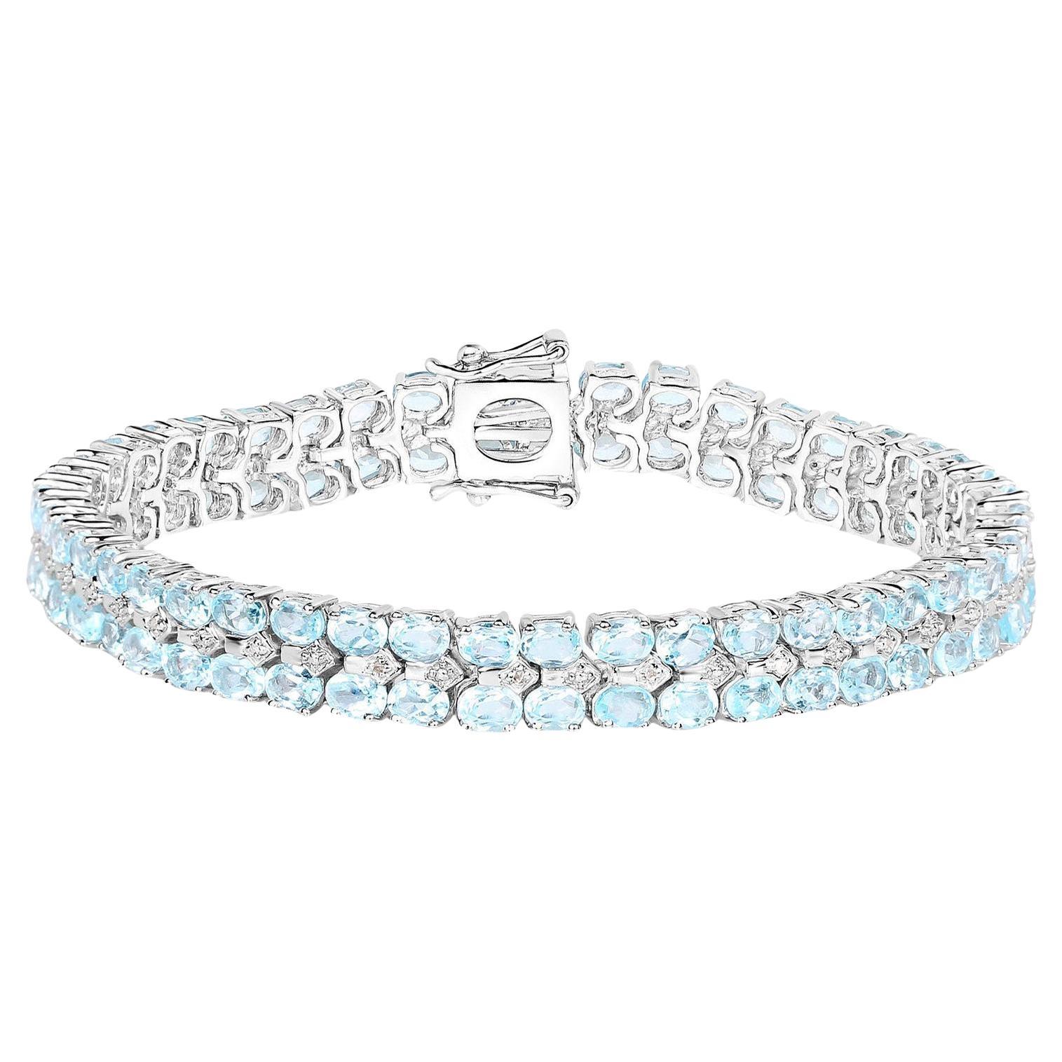 Bracciale Tennis Topazio Blu Diamanti Bianchi 17,2 Carati Argento