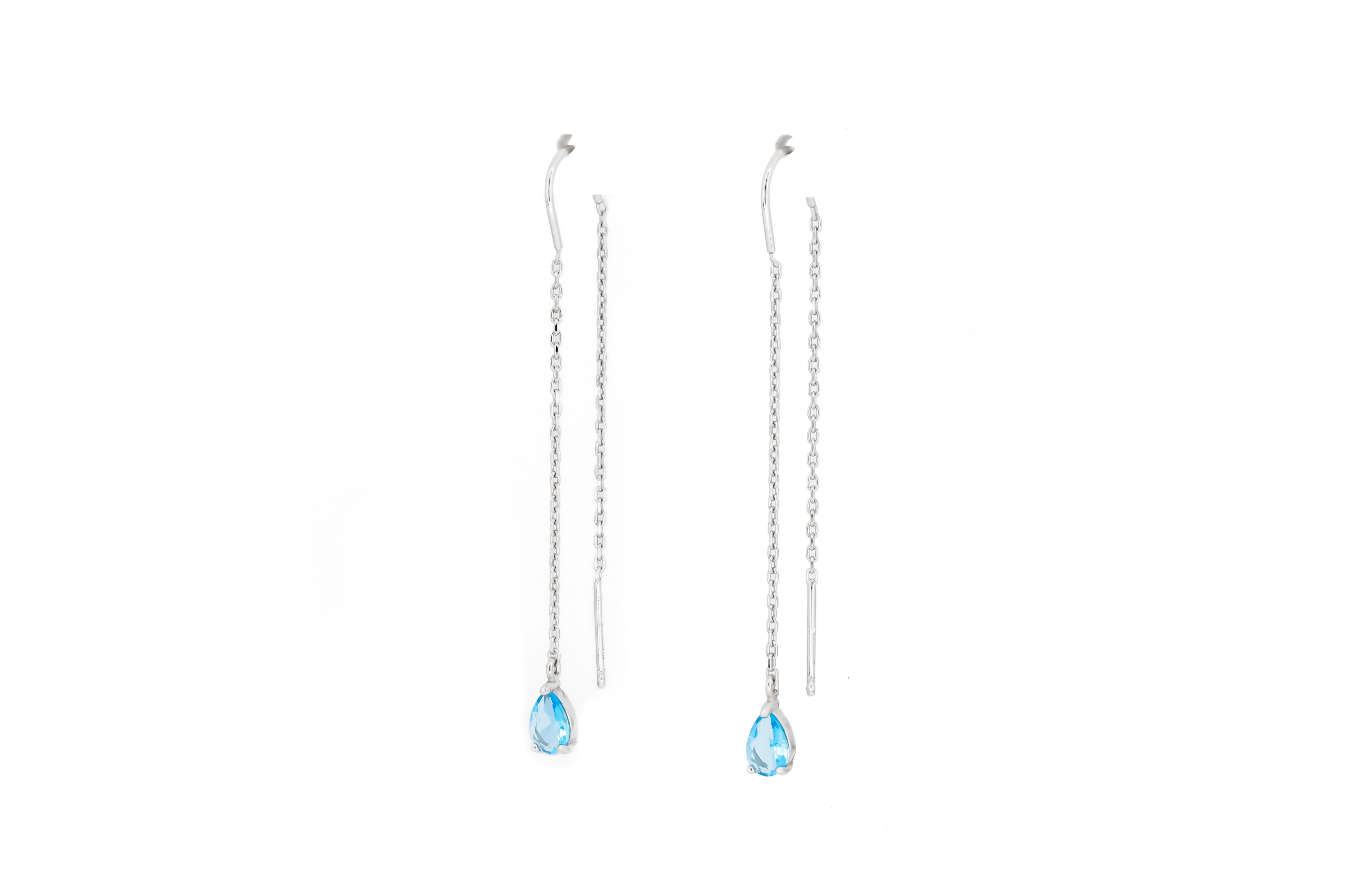 Blue Topaz Threader Earrings in 14k gold In New Condition For Sale In Istanbul, TR