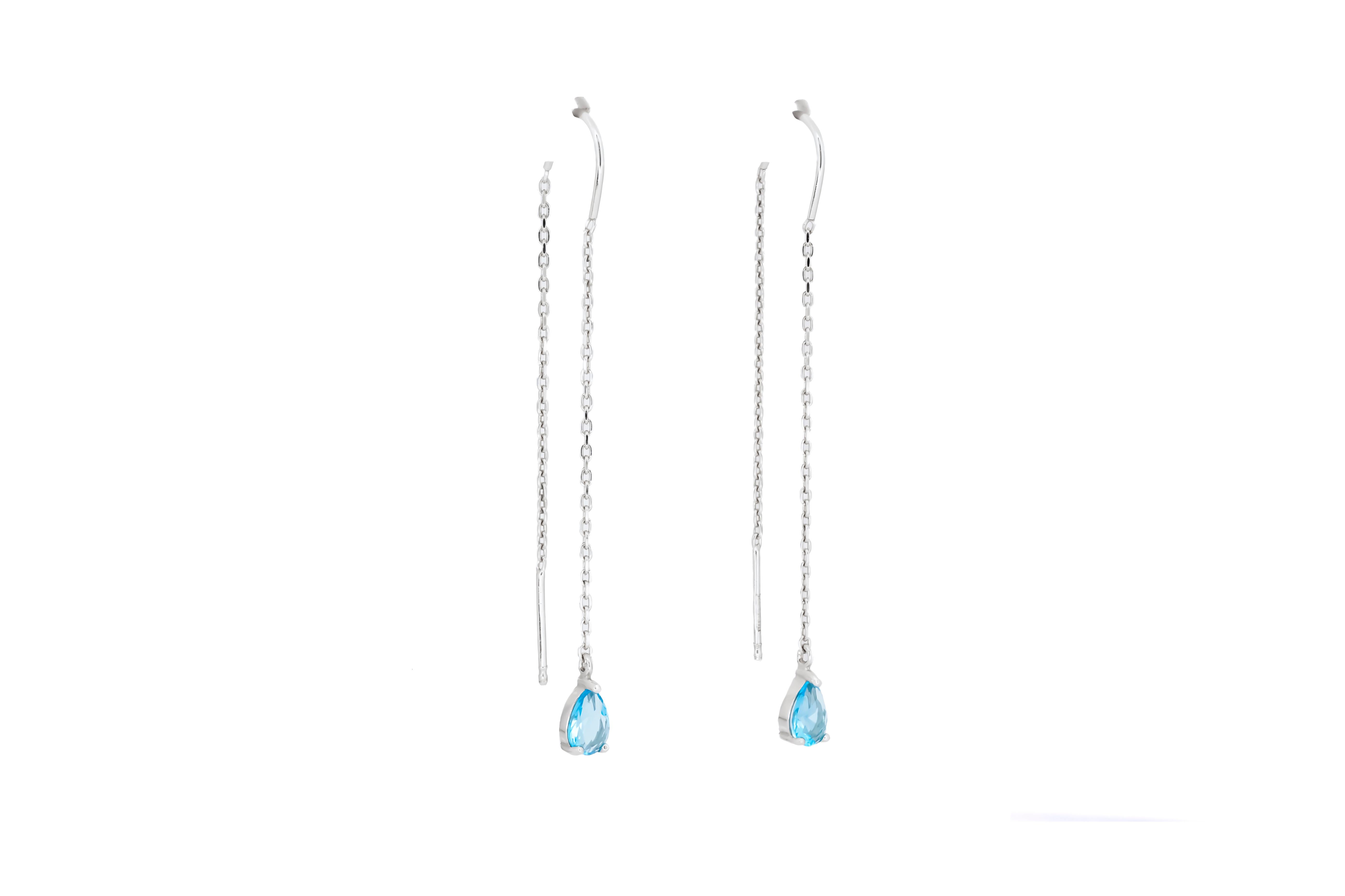 Blue Topaz Threader Earrings in 14k gold.  In New Condition For Sale In Istanbul, TR