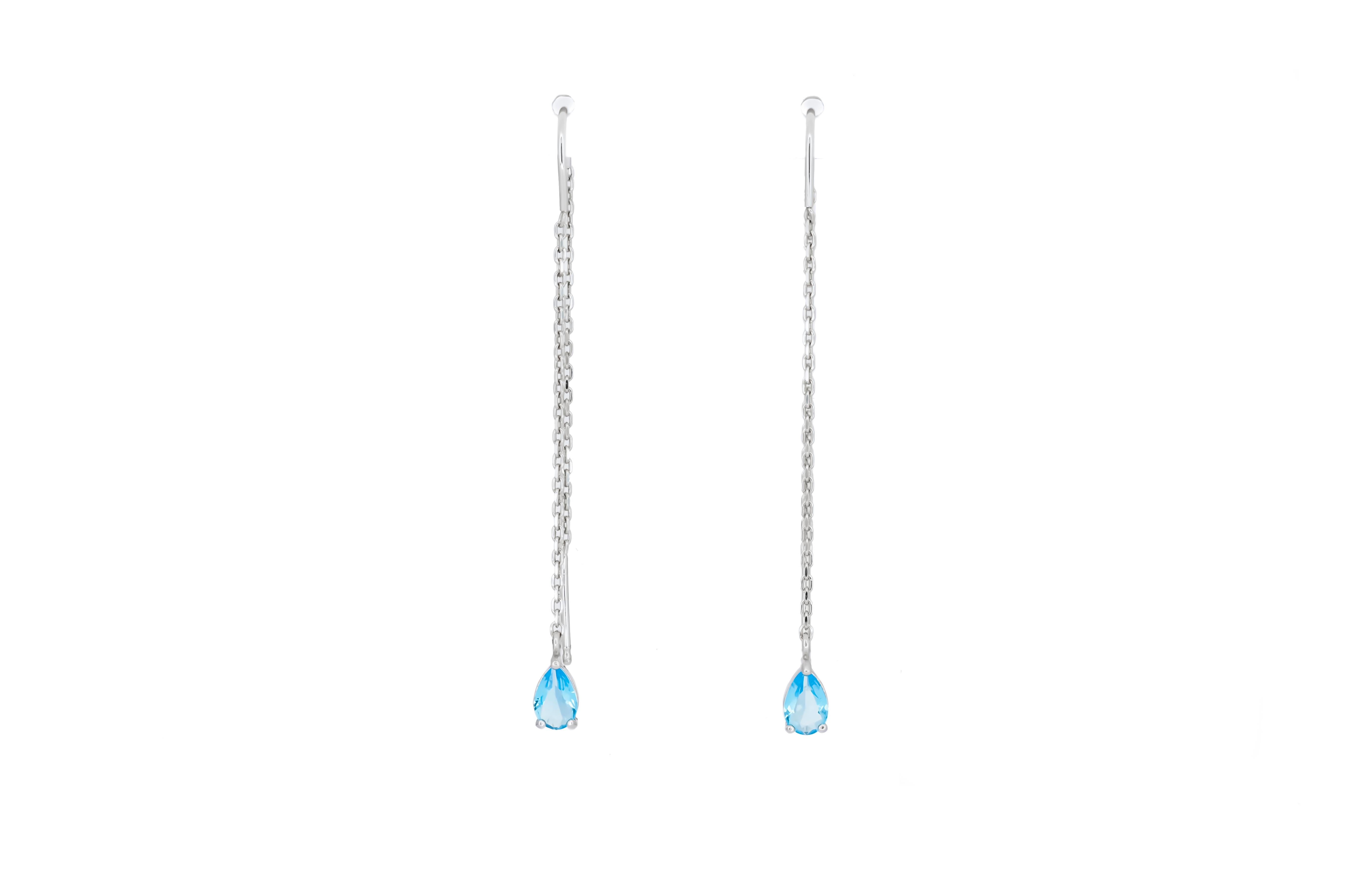 Blue Topaz Threader Earrings in 14k gold For Sale 3