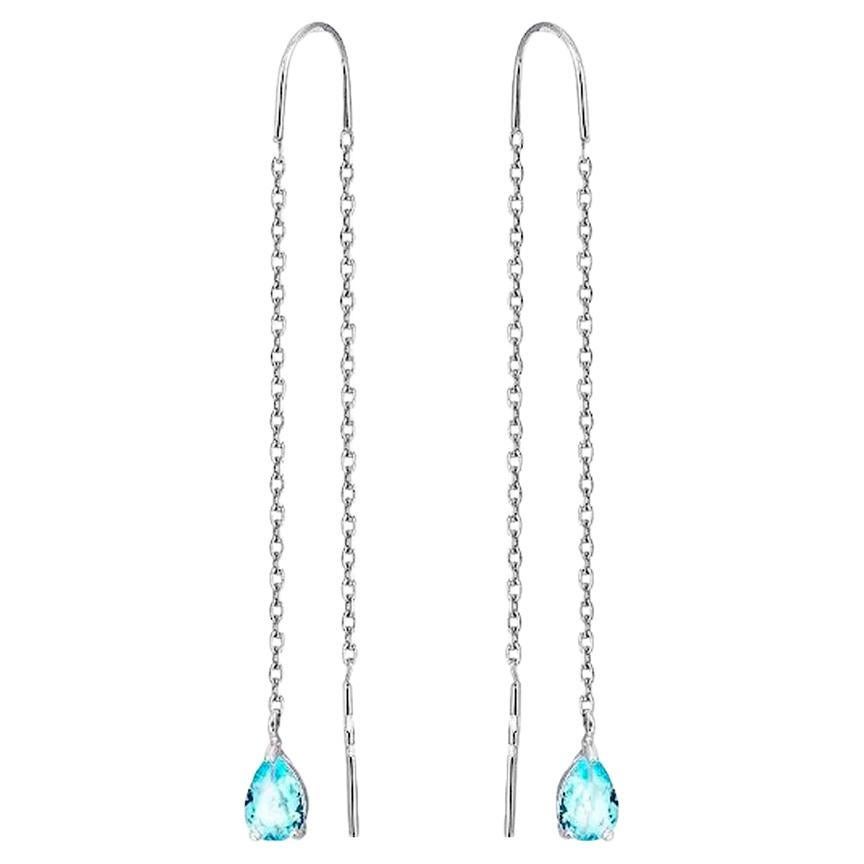 Blue Topaz Threader Earrings in 14k gold.  For Sale