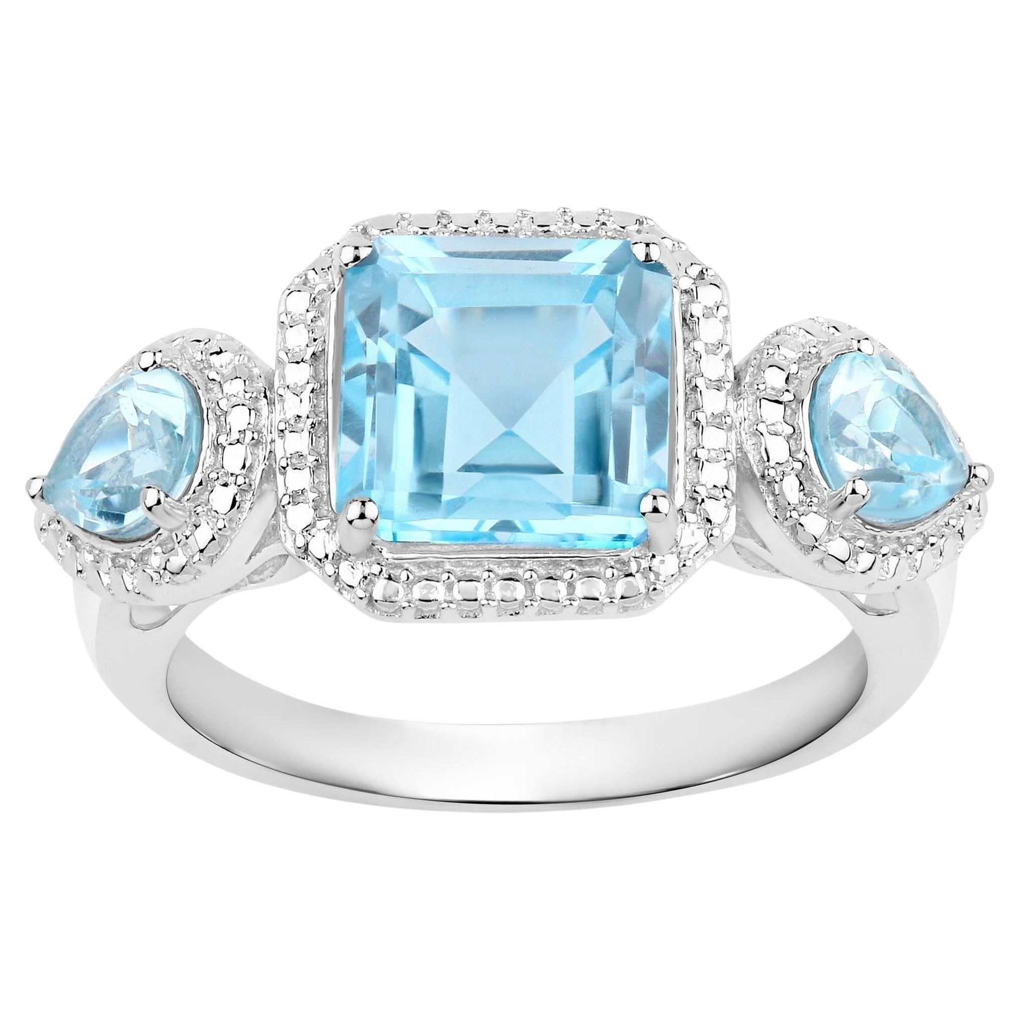 Blue Topaz Three Stone Ring 3.85 Carats Sterling Silver For Sale