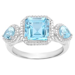Blue Topaz Three Stone Ring 3.85 Carats Sterling Silver