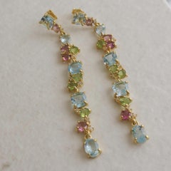Boucles d'oreilles en argent sterling, topaze bleue, tourmaline et péridot, longues gouttes d'or
