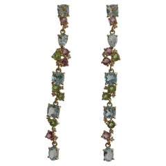 Boucles d'oreilles en argent sterling, topaze bleue, tourmaline et péridot, longues gouttes d'or