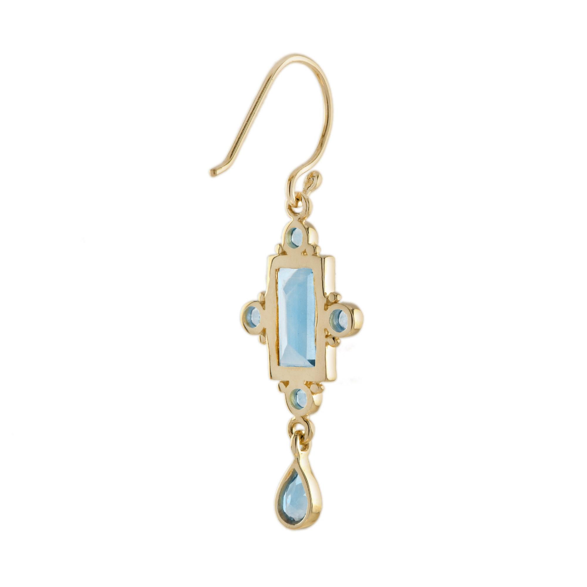 Blauer Topas im Vintage-Stil 14K Gelbgold Tropfen Ohrringe baumeln (Art déco) im Angebot