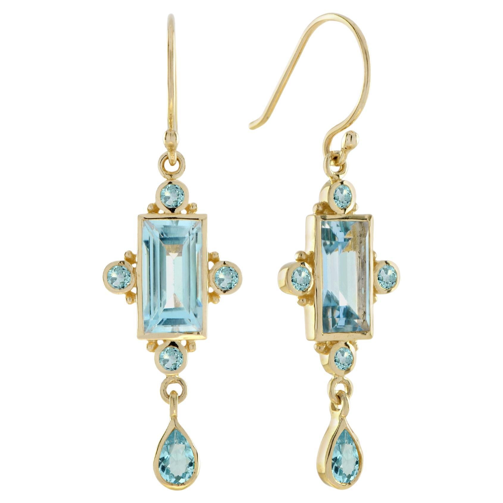 Blue Topaz Vintage Style 14K Yellow Gold Dangle Drop Earrings