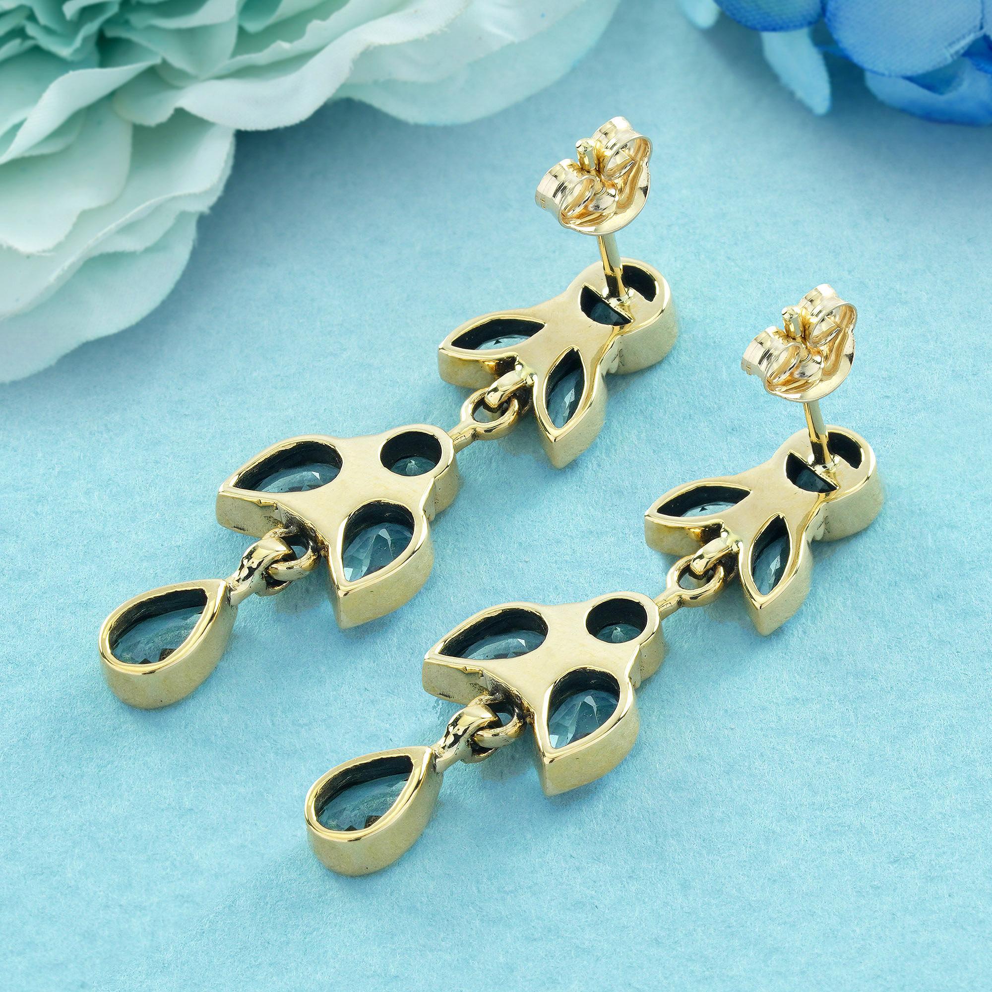 Pendientes Mariposa Estilo Vintage Topacio Azul en Oro Macizo de 9 K Corte marquesa en venta