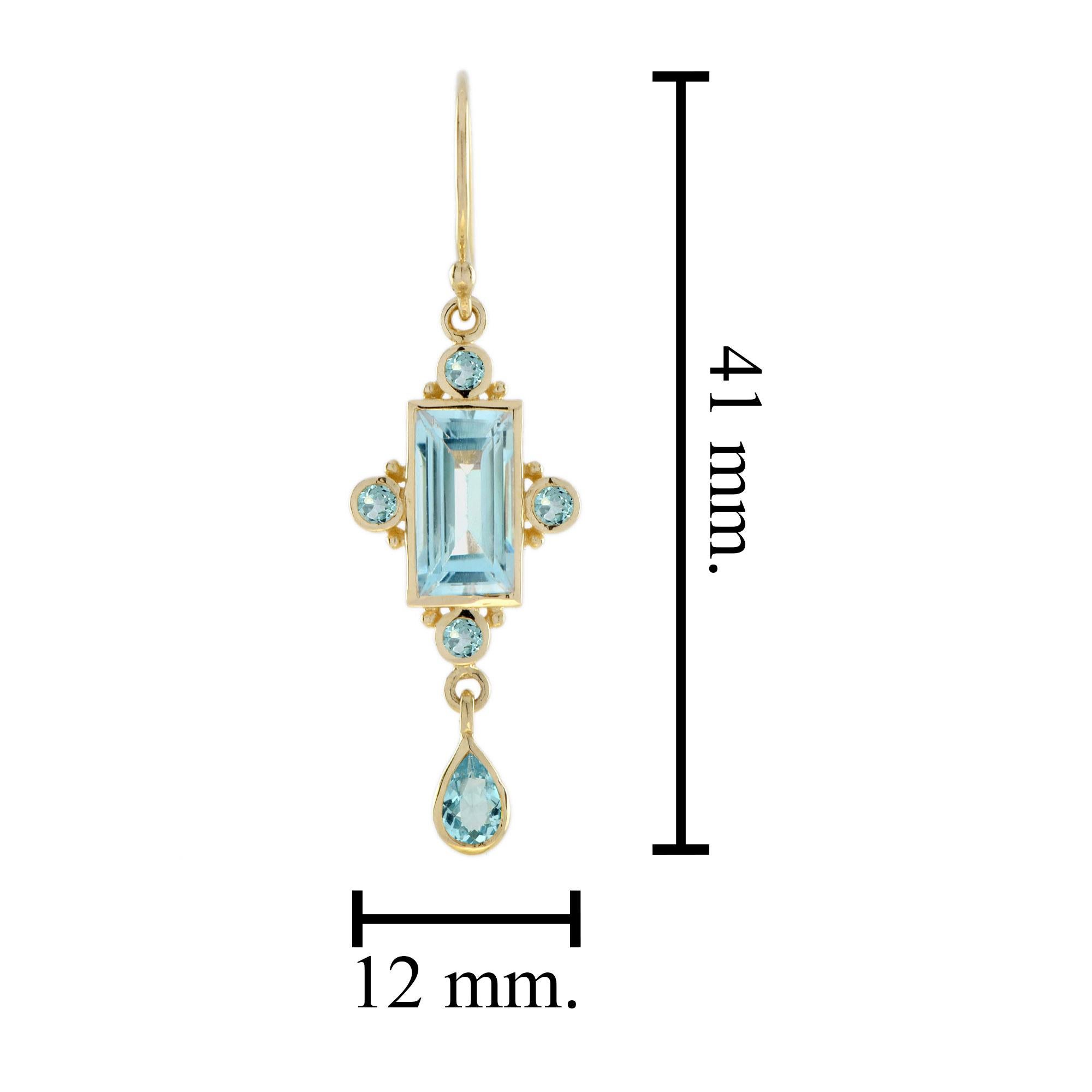 Blue Topaz Vintage Style Drop Earrings in 9K Yellow Gold In New Condition For Sale In Bangkok, TH