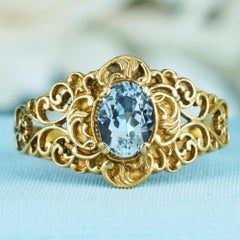 Blue Topaz Vintage Style Filigree Ring in Solid 9K Yellow Gold