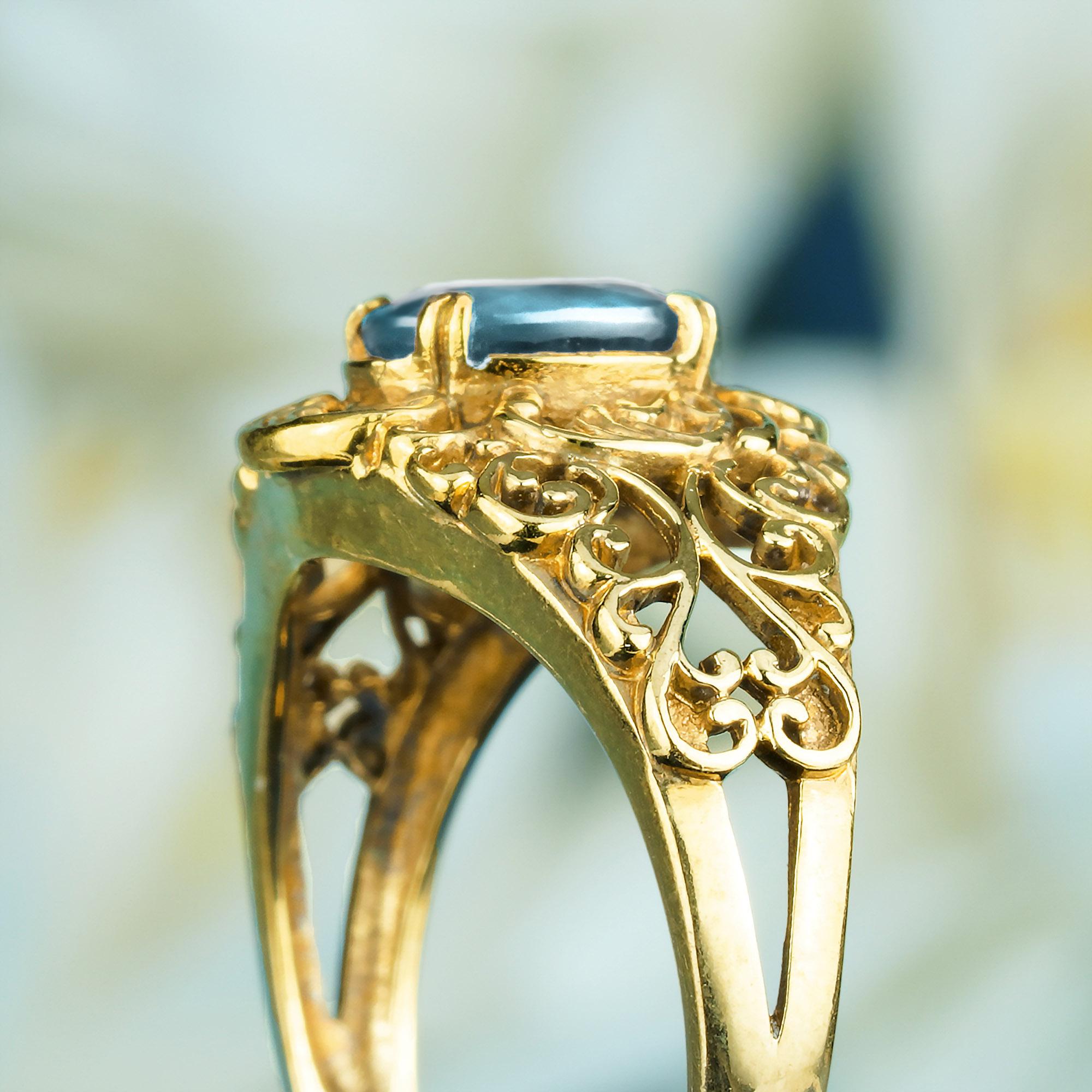 Bague filigranée en or jaune 9K de style vintage avec topaze bleue Pour femmes en vente