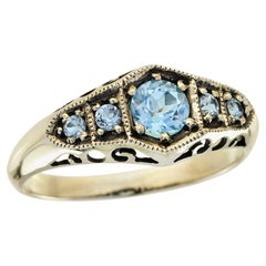 Topazio Blu Stile Vintage Cinque Pietre  Anello in oro giallo massiccio 9K