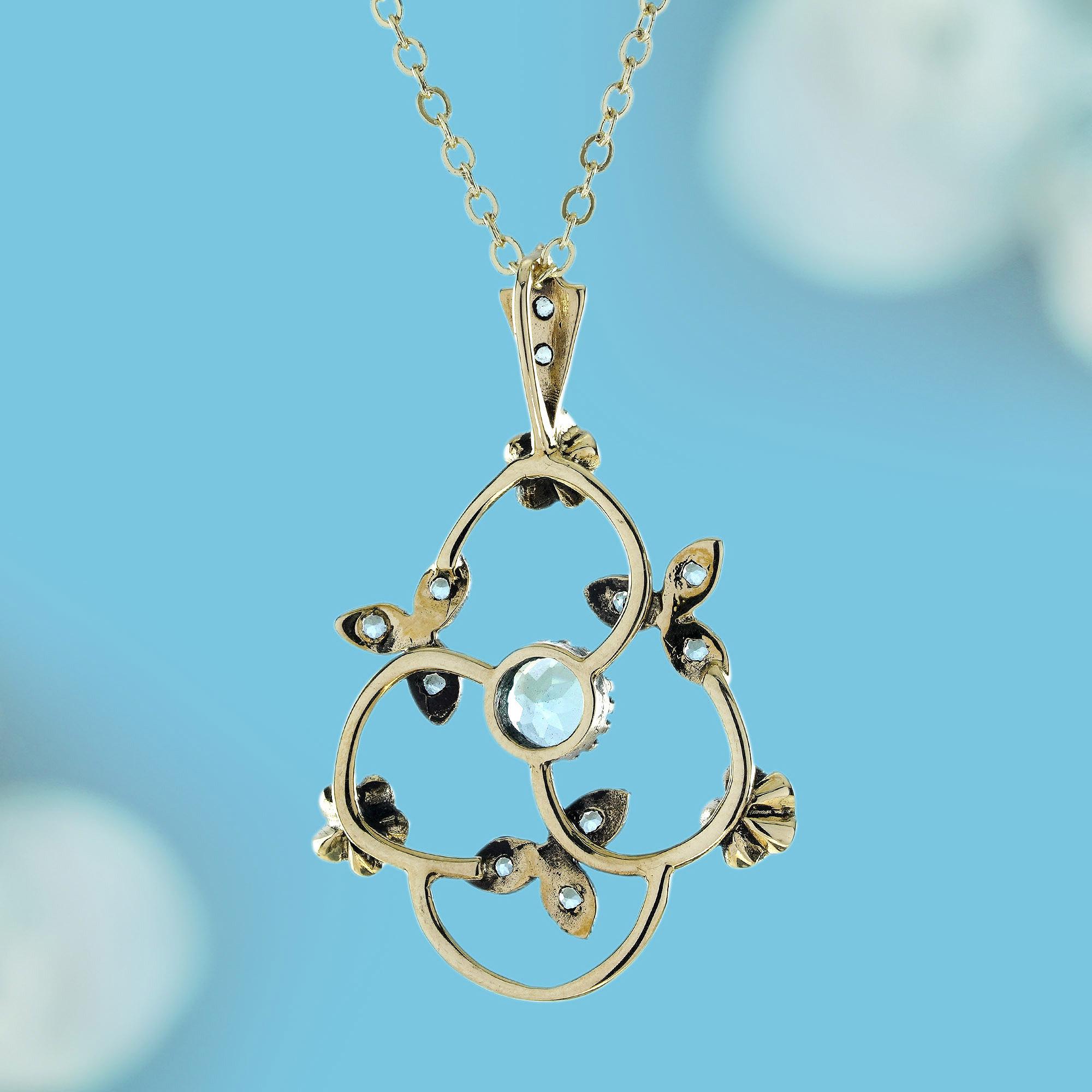 Blauer Topas Vintage-Blumenanhänger im Vintage-Stil aus 9K Gelbgold (Rundschliff) im Angebot