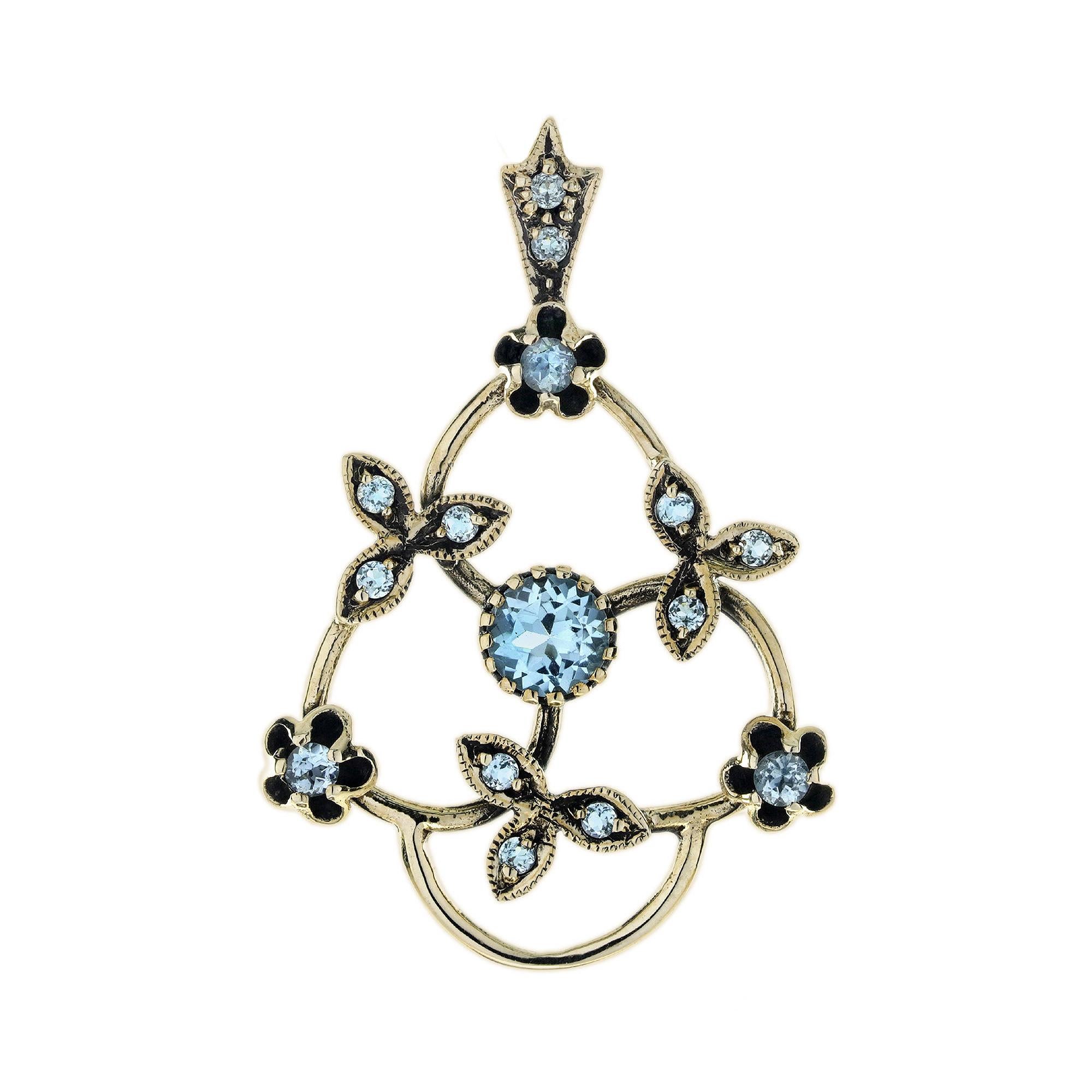 Blue Topaz Vintage Style Floral Pendant in 9K Yellow Gold