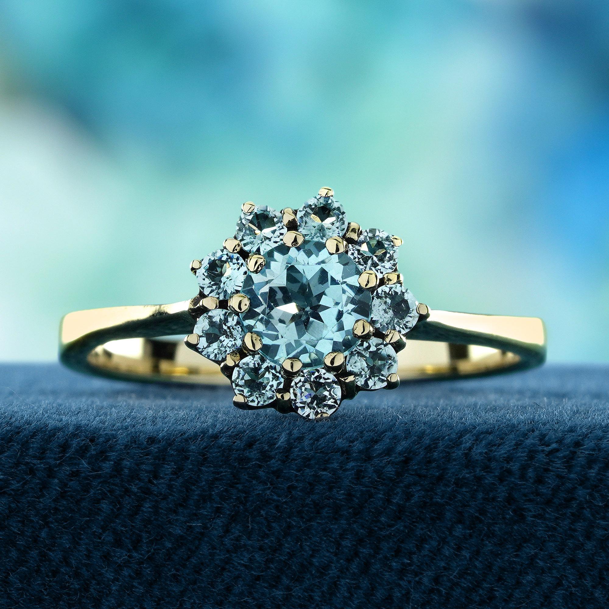 A stunning floral design where each petal is made from vibrant blue topaz, creating the appearance of a blooming blue flower. The rich, captivating blue hue of the topaz brings a sense of elegance and charm to this timeless piece, perfect for adding