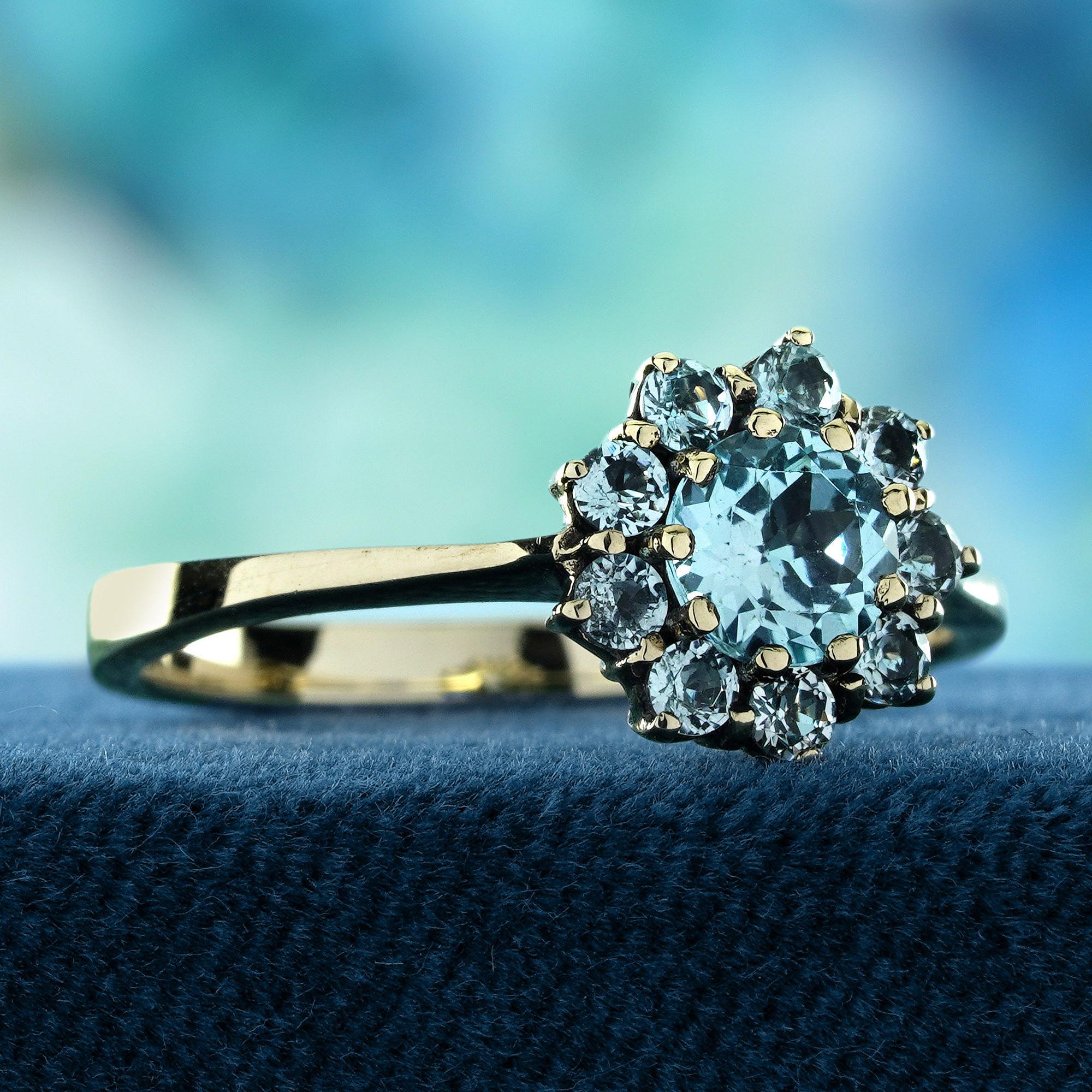 Edwardian Blue Topaz Vintage Style Floral Ring in Solid 9K Yellow Gold For Sale