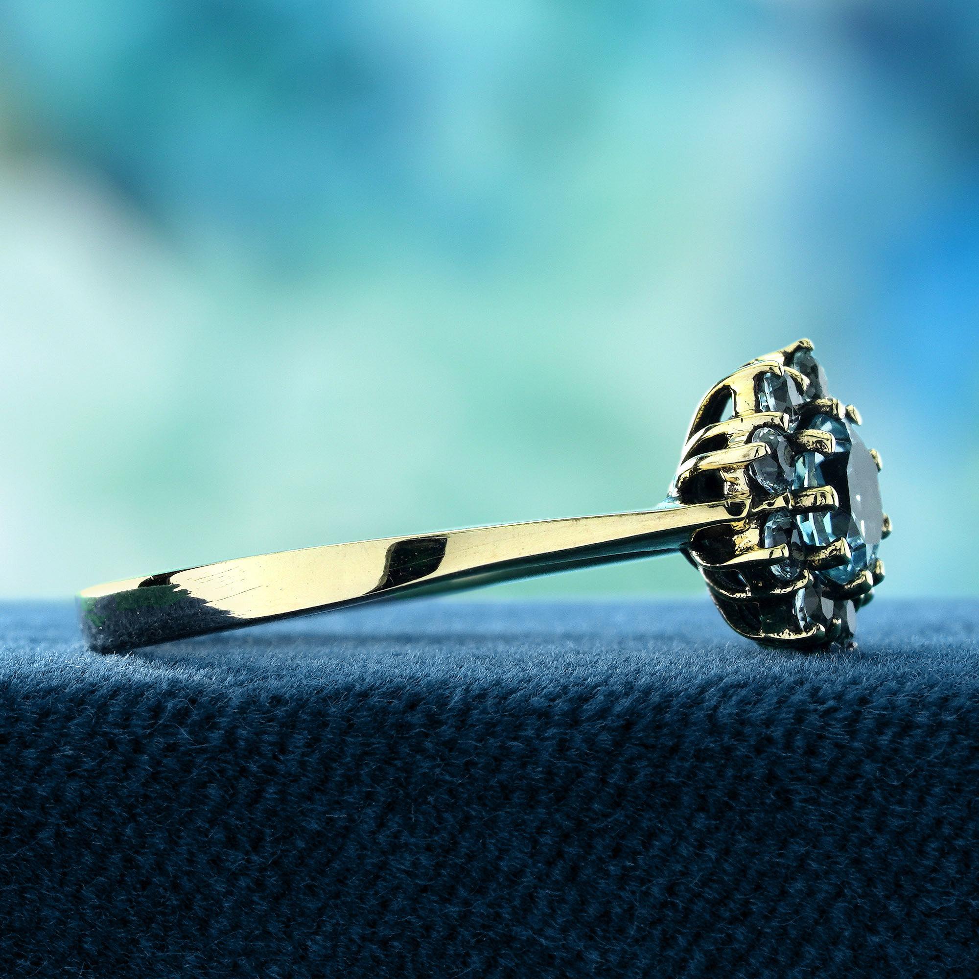 Round Cut Blue Topaz Vintage Style Floral Ring in Solid 9K Yellow Gold For Sale
