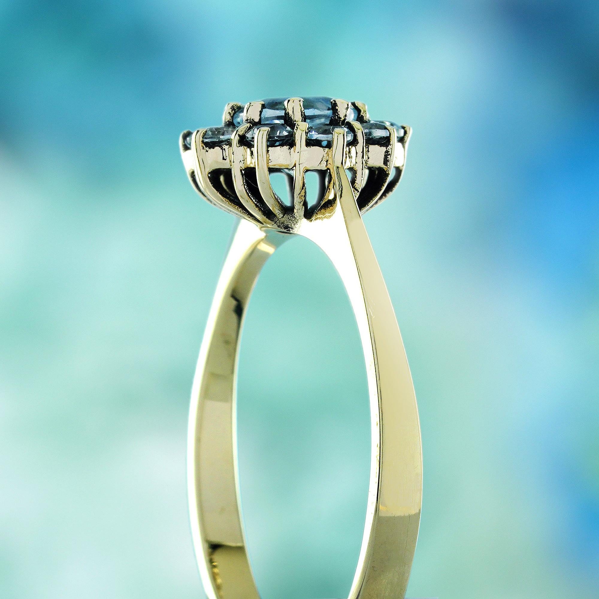 Women's Blue Topaz Vintage Style Floral Ring in Solid 9K Yellow Gold For Sale