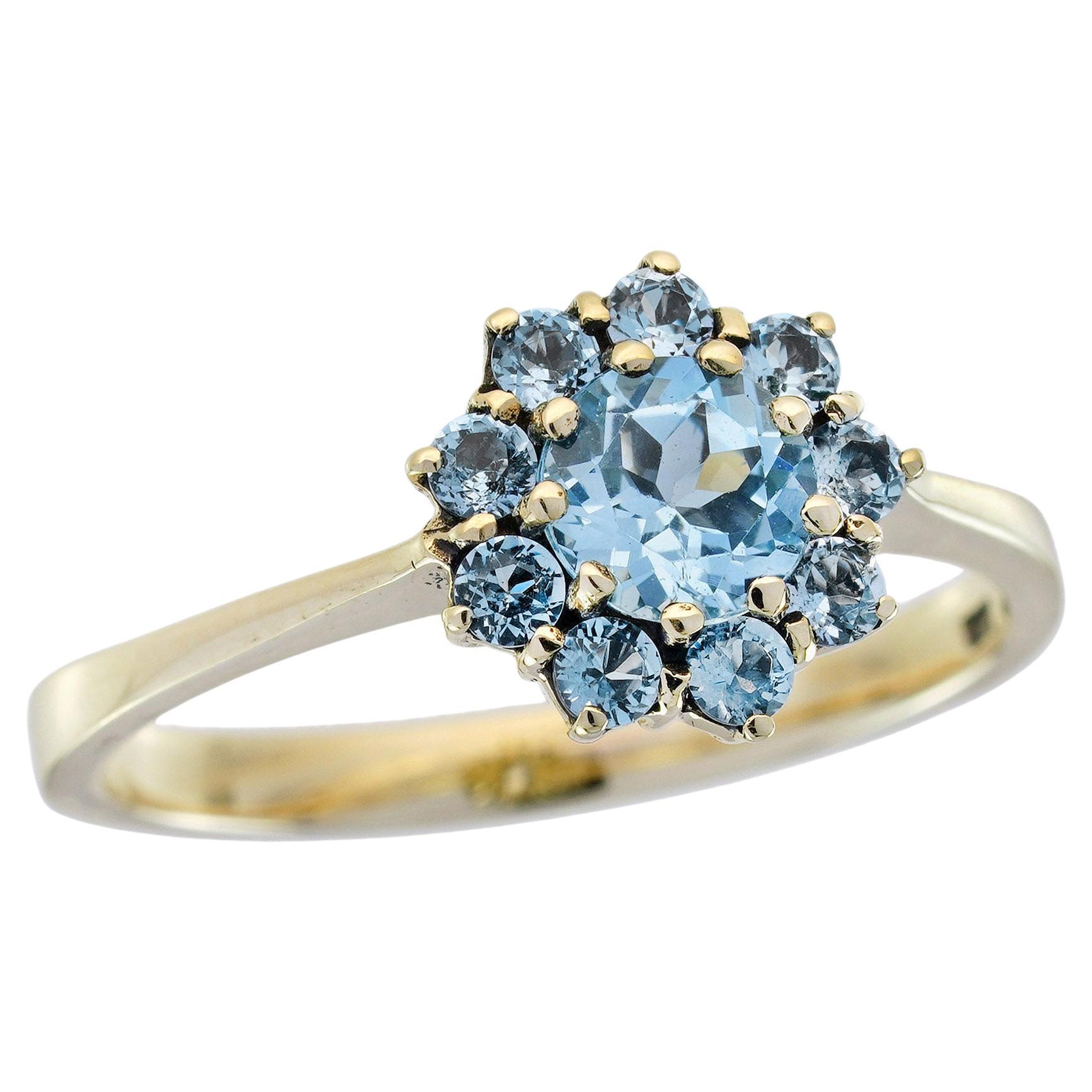 Blue Topaz Vintage Style Floral Ring in Solid 9K Yellow Gold