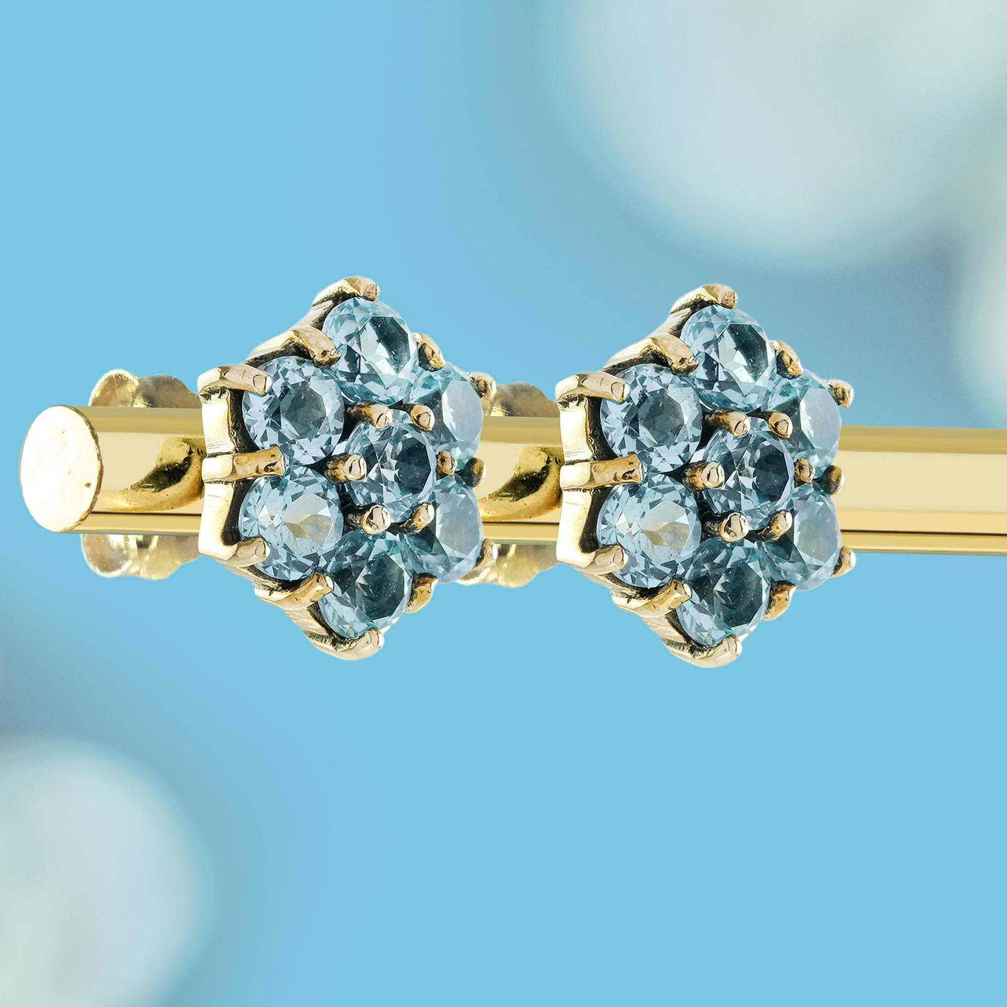 Edwardian Blue Topaz Vintage Style Floral Stud Earrings in Solid 9K Gold For Sale