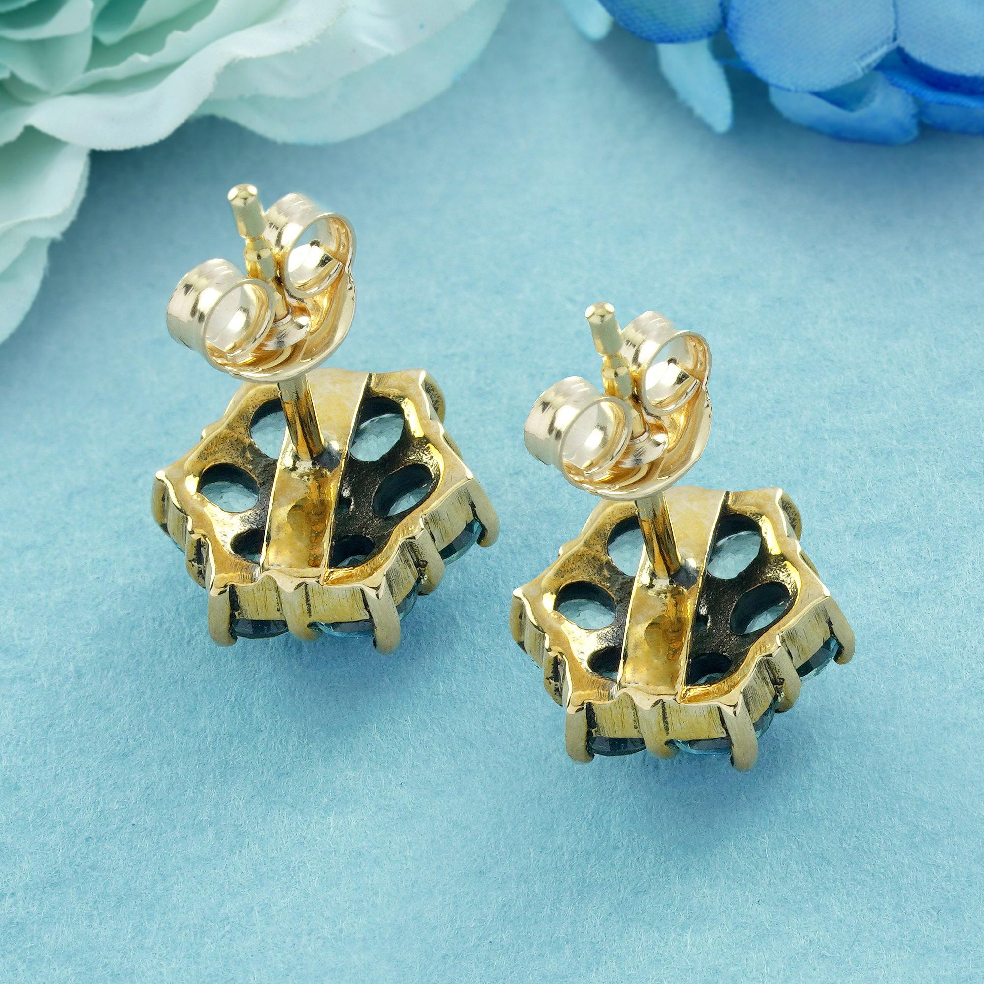 Round Cut Blue Topaz Vintage Style Floral Stud Earrings in Solid 9K Gold For Sale