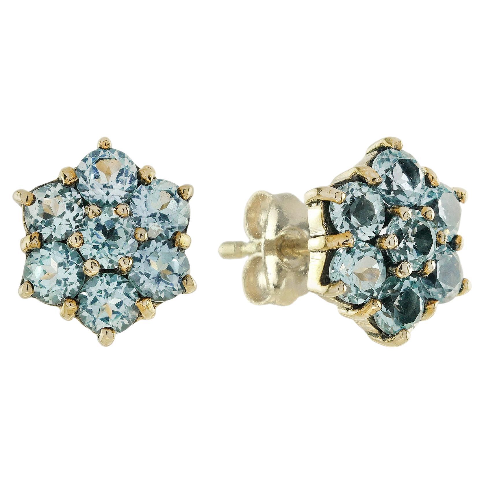 Blue Topaz Vintage Style Floral Stud Earrings in Solid 9K Gold For Sale