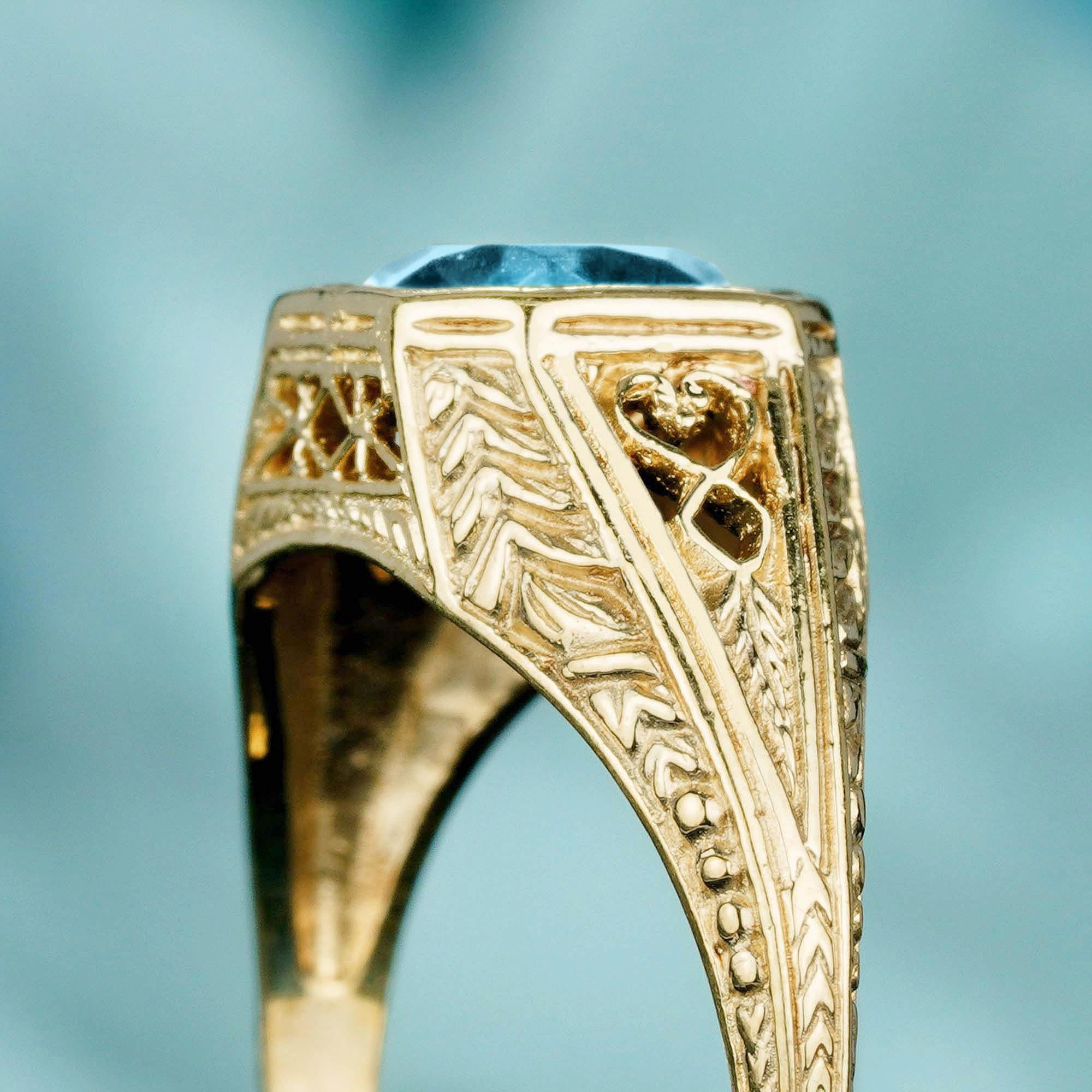 Women's Blue Topaz Vintage Style Halo Ring in Solid 9K Yellow Gold For Sale
