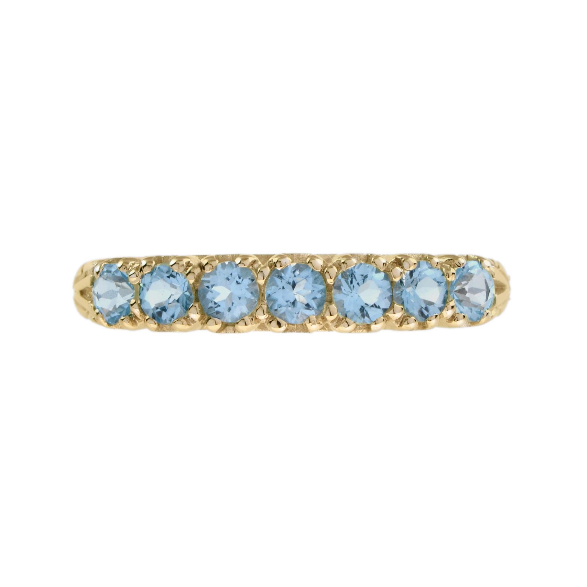 Victorian Blue Topaz Vintage Style Seven Stone Ring in 14K Yellow Gold For Sale