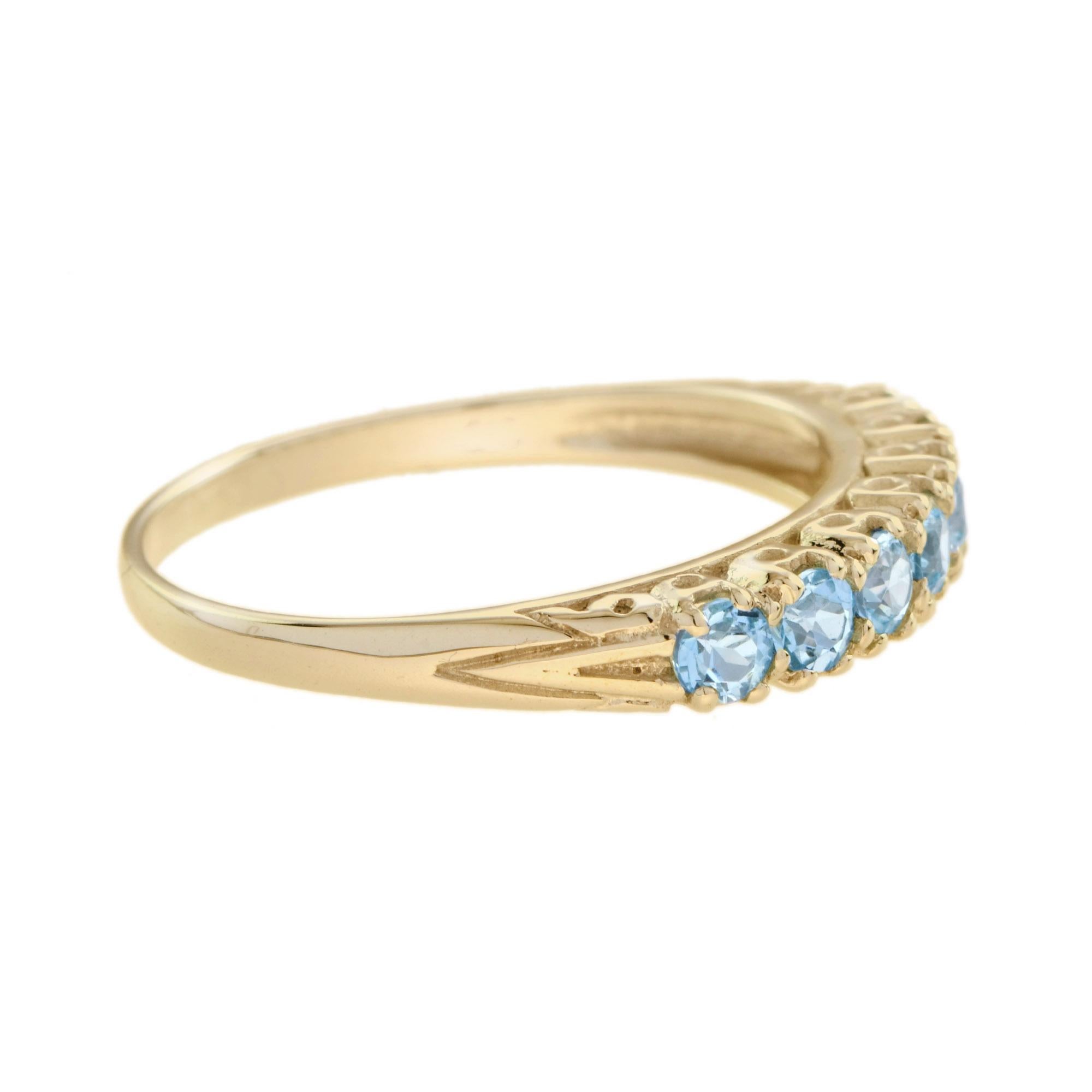 Round Cut Blue Topaz Vintage Style Seven Stone Ring in 14K Yellow Gold For Sale