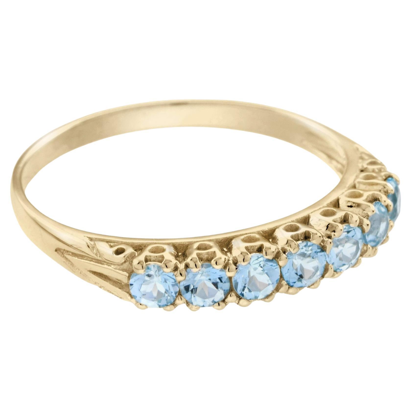 Blue Topaz Vintage Style Seven Stone Ring in 14K Yellow Gold For Sale