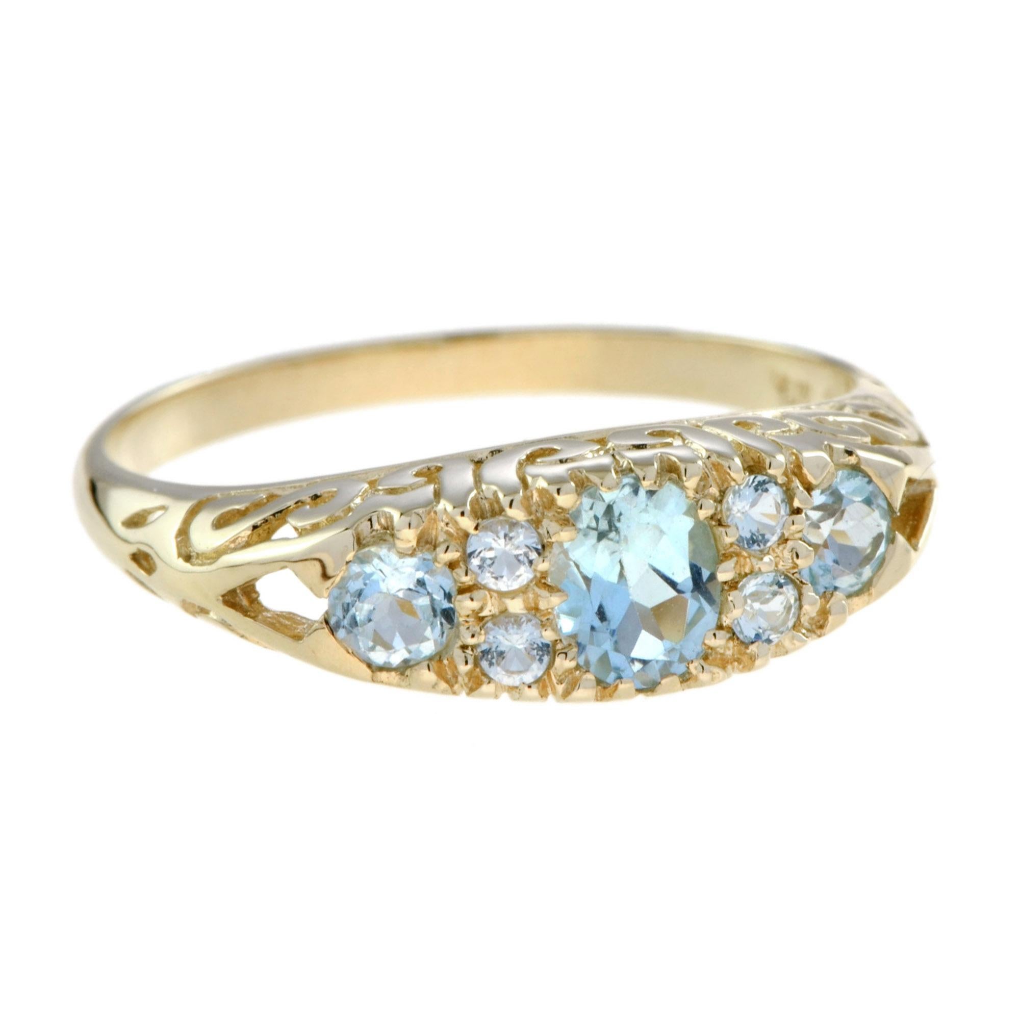 This exquisite yellow gold filigree blue topaz ring features natural oval blue topaz of 0.45 carat at the center with 6 round blue topazes totaling 0.60 carat on the shoulder of the ring.
Ring Information
Style: Vintage
 Total weight: 2.70 g.