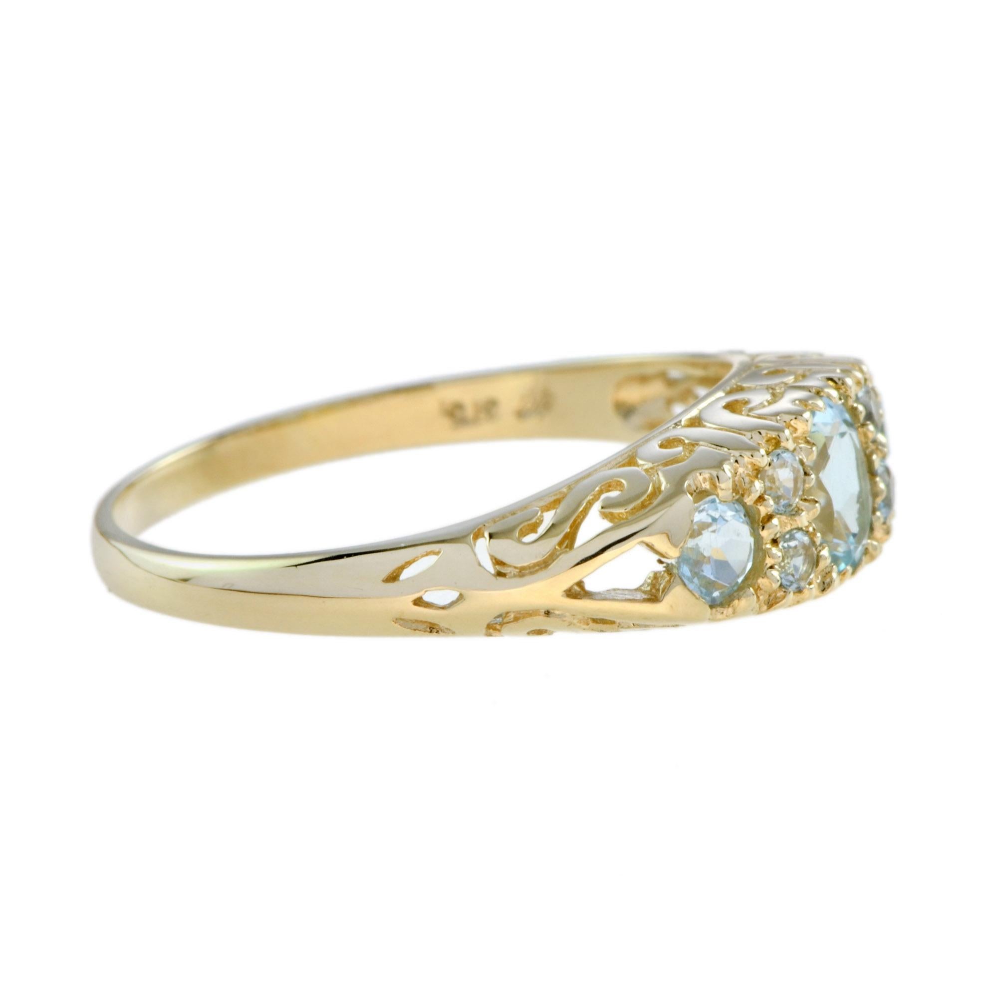 Blue Topaz Vintage Style Three Stone Cluster Filigree 14K Yellow Gold Ring (Ovalschliff) im Angebot