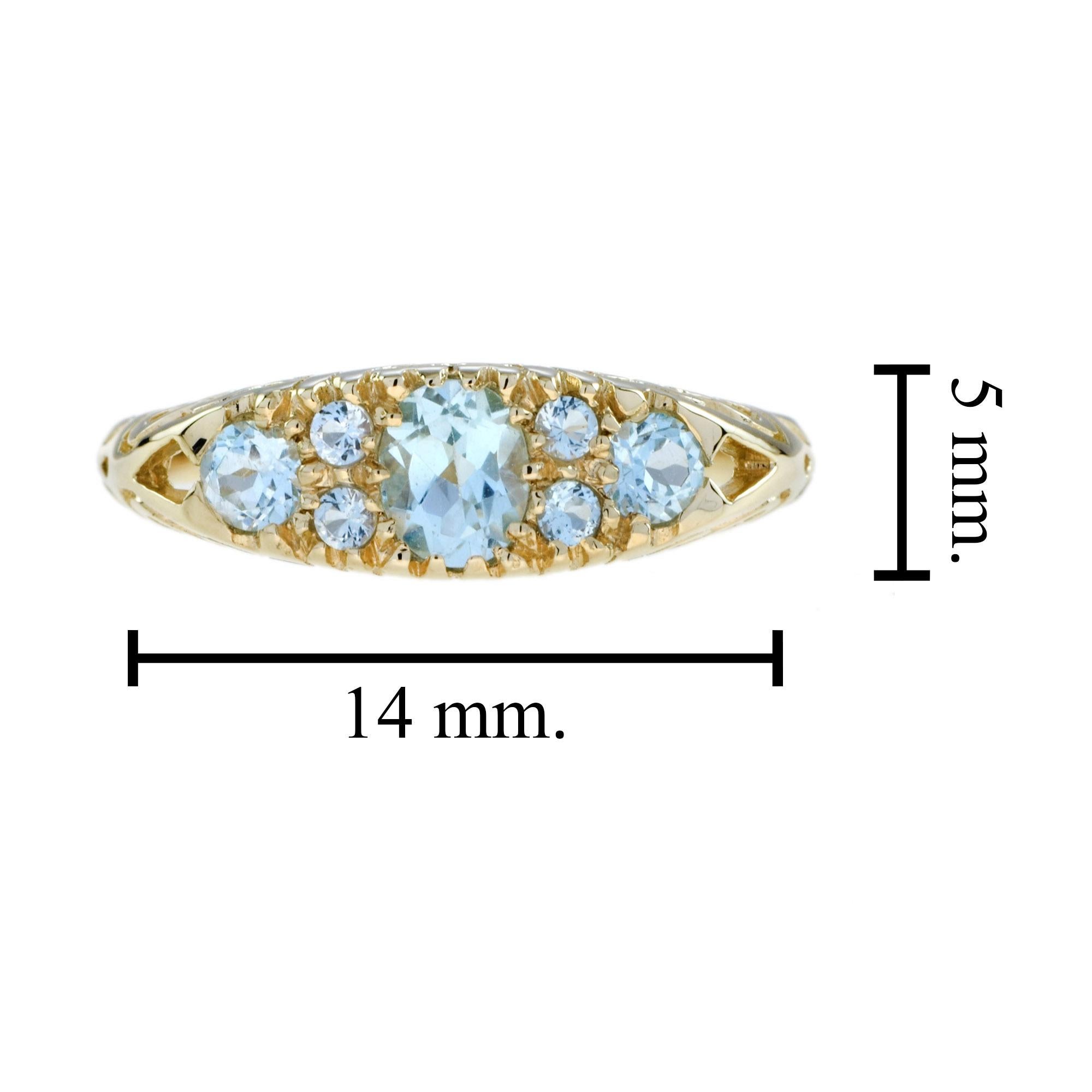 Blue Topaz Vintage Style Three Stone Cluster Filigree 14K Yellow Gold Ring im Angebot 2