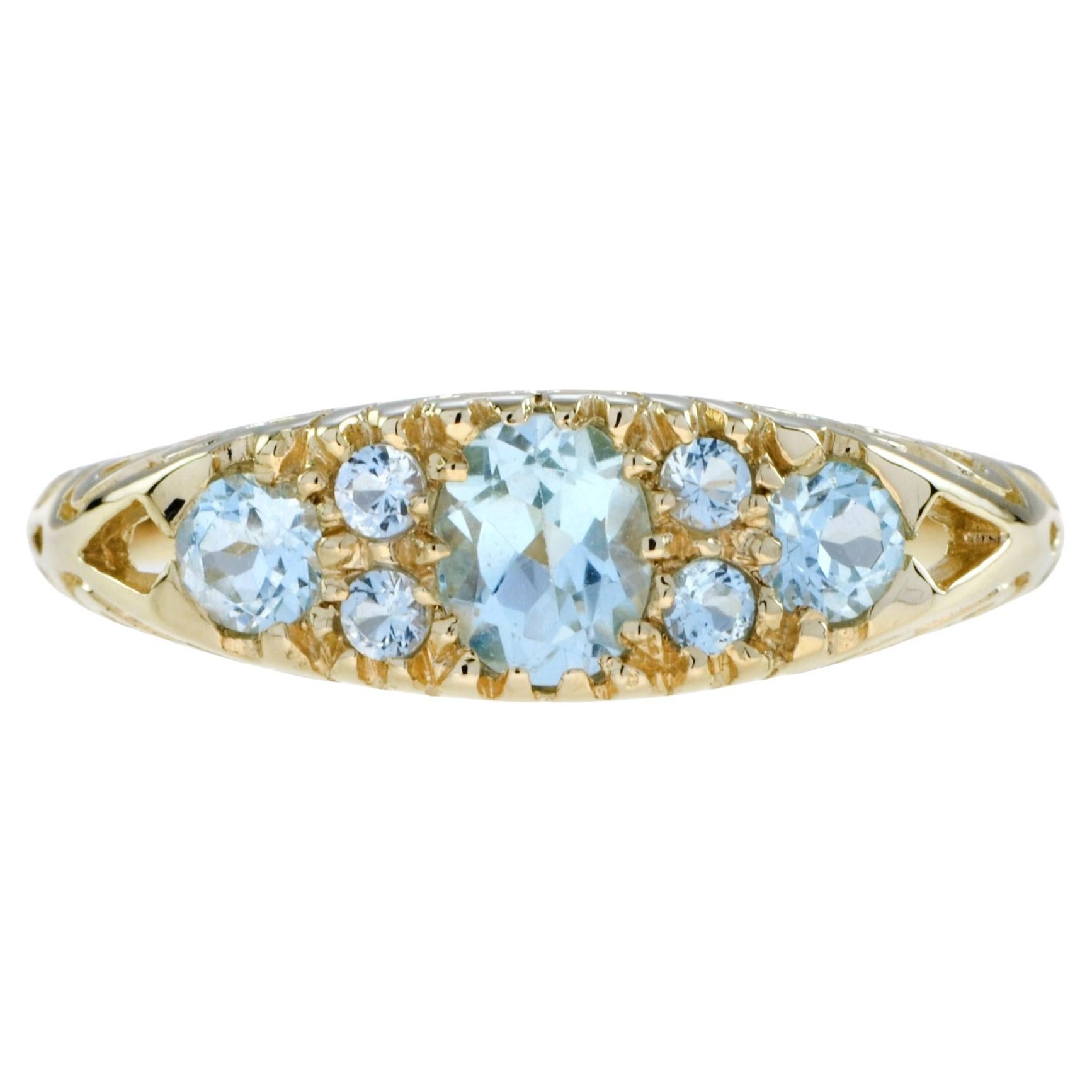 Blue Topaz Vintage Style Three Stone Cluster Filigree 14K Yellow Gold Ring