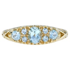 Blue Topaz Vintage Style Three Stone Cluster Filigree 14K Yellow Gold Ring