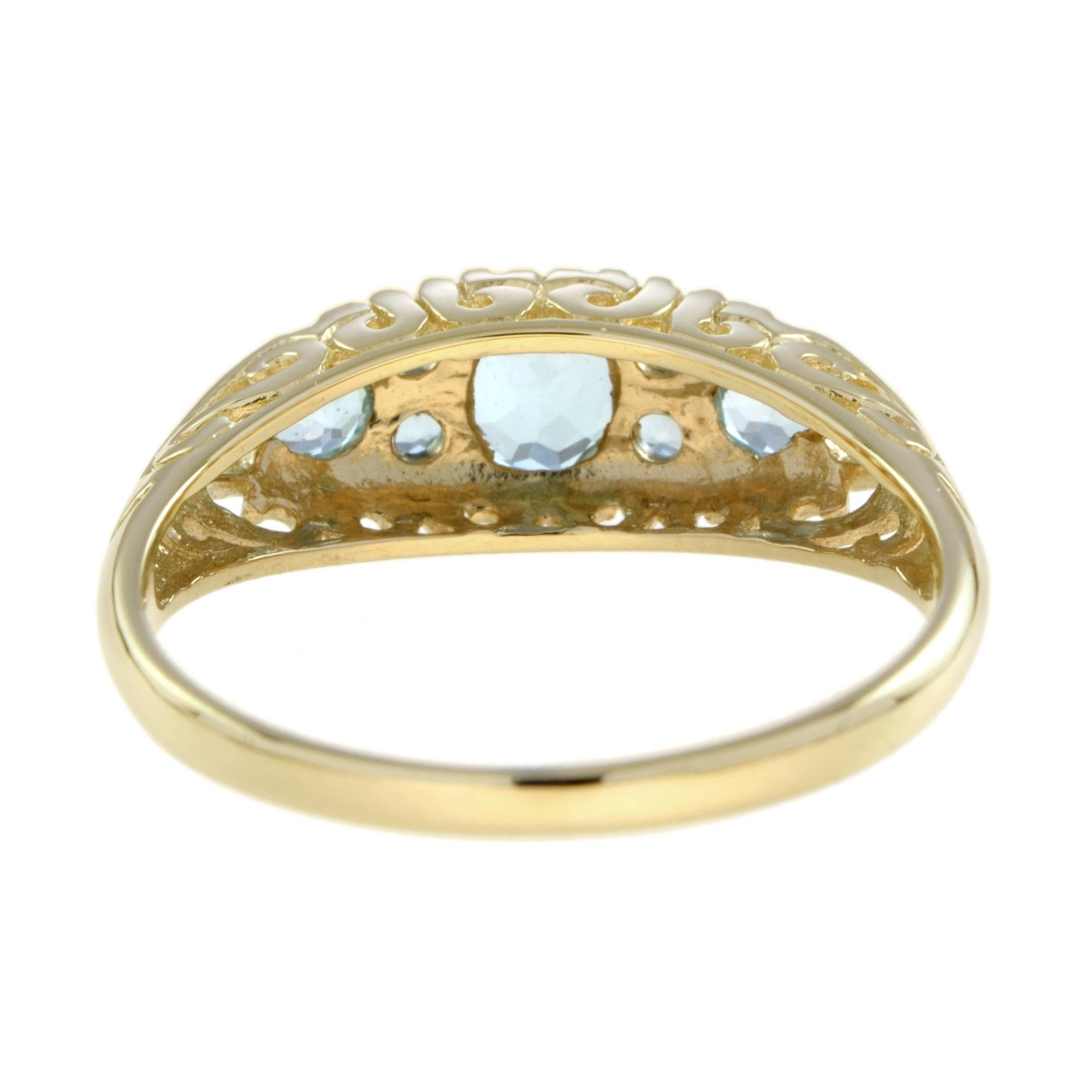 For Sale:  Blue Topaz Vintage Style Three Stone Filigree Ring in 14K Yellow Gold 4