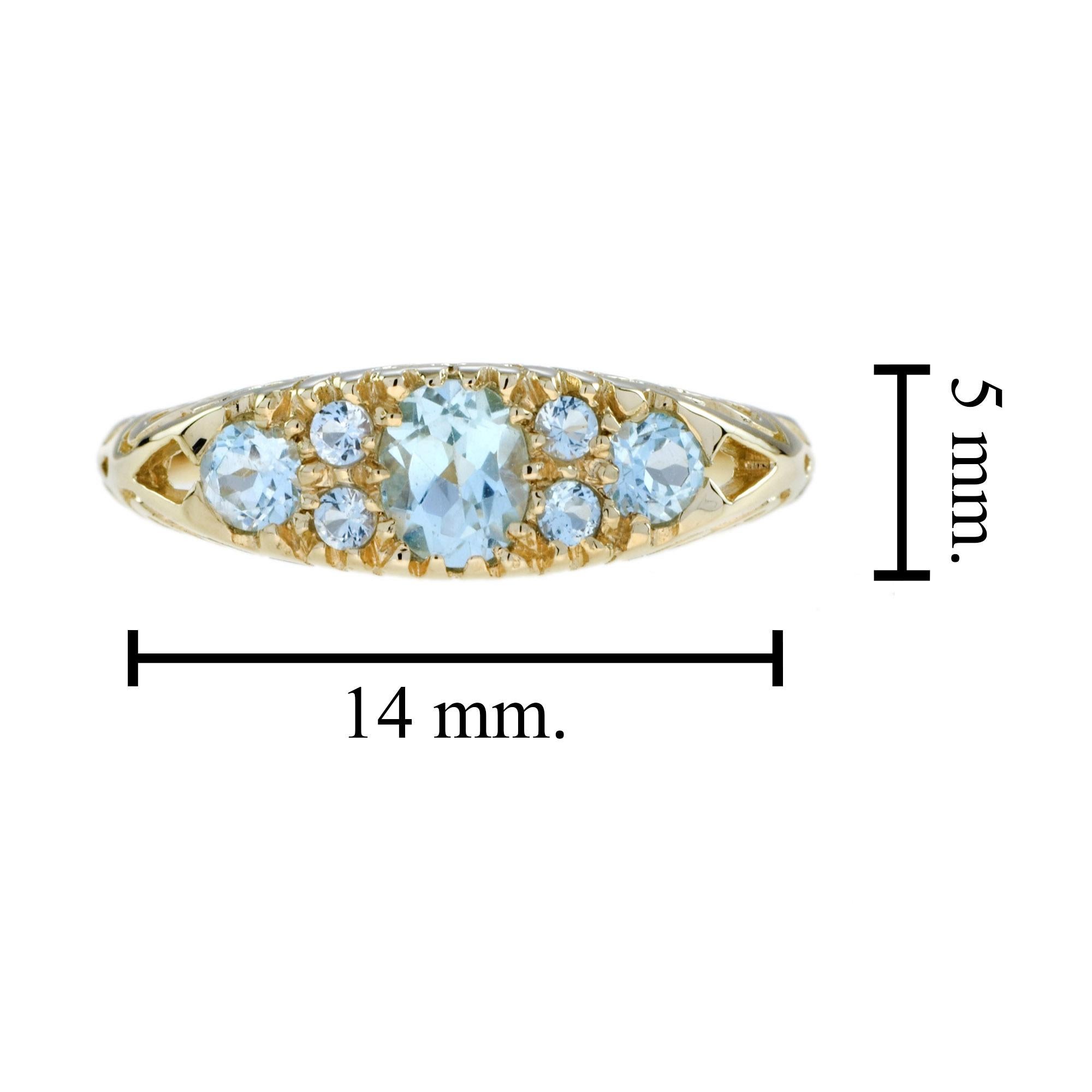 For Sale:  Blue Topaz Vintage Style Three Stone Filigree Ring in 14K Yellow Gold 6