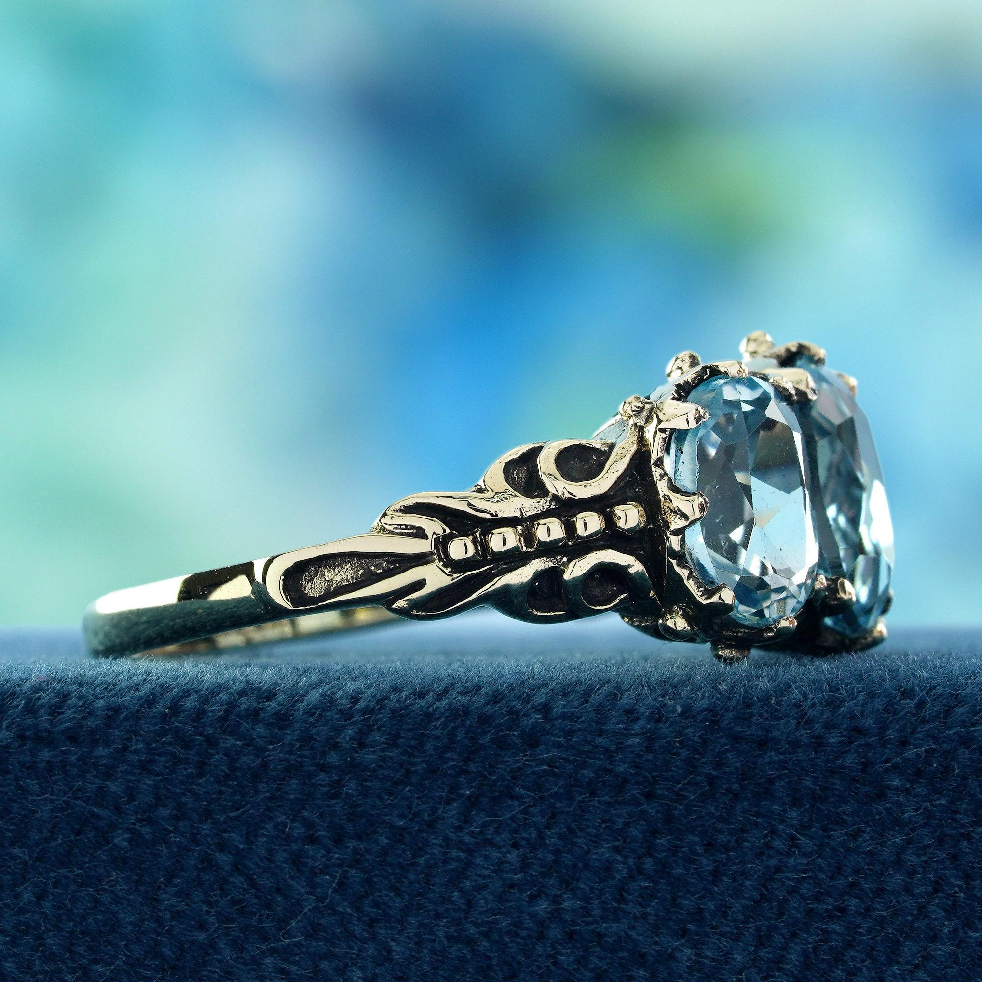 Oval Cut Blue Topaz Vintage Style Three Stones  Ring in Solid 9K Yellow Gold For Sale
