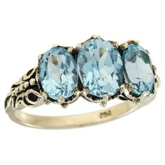 Blue Topaz Vintage Style Three Stones  Ring in Solid 9K Yellow Gold