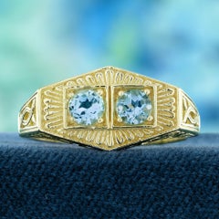 Blue Topaz Vintage Style Two Stone Ring in Solid 9K Yellow Gold
