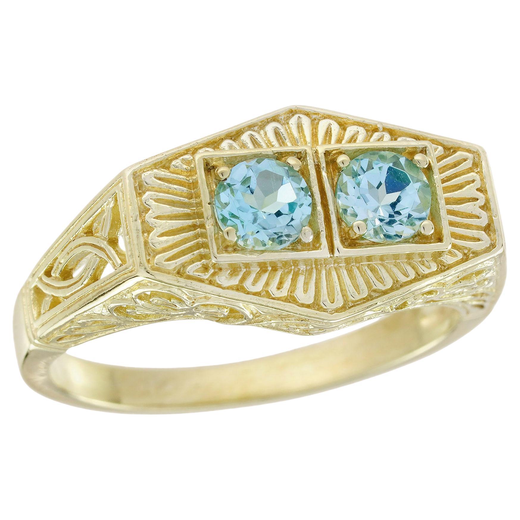 Blue Topaz Filigree Two Stone Ring in 9K Yellow Gold For Sale